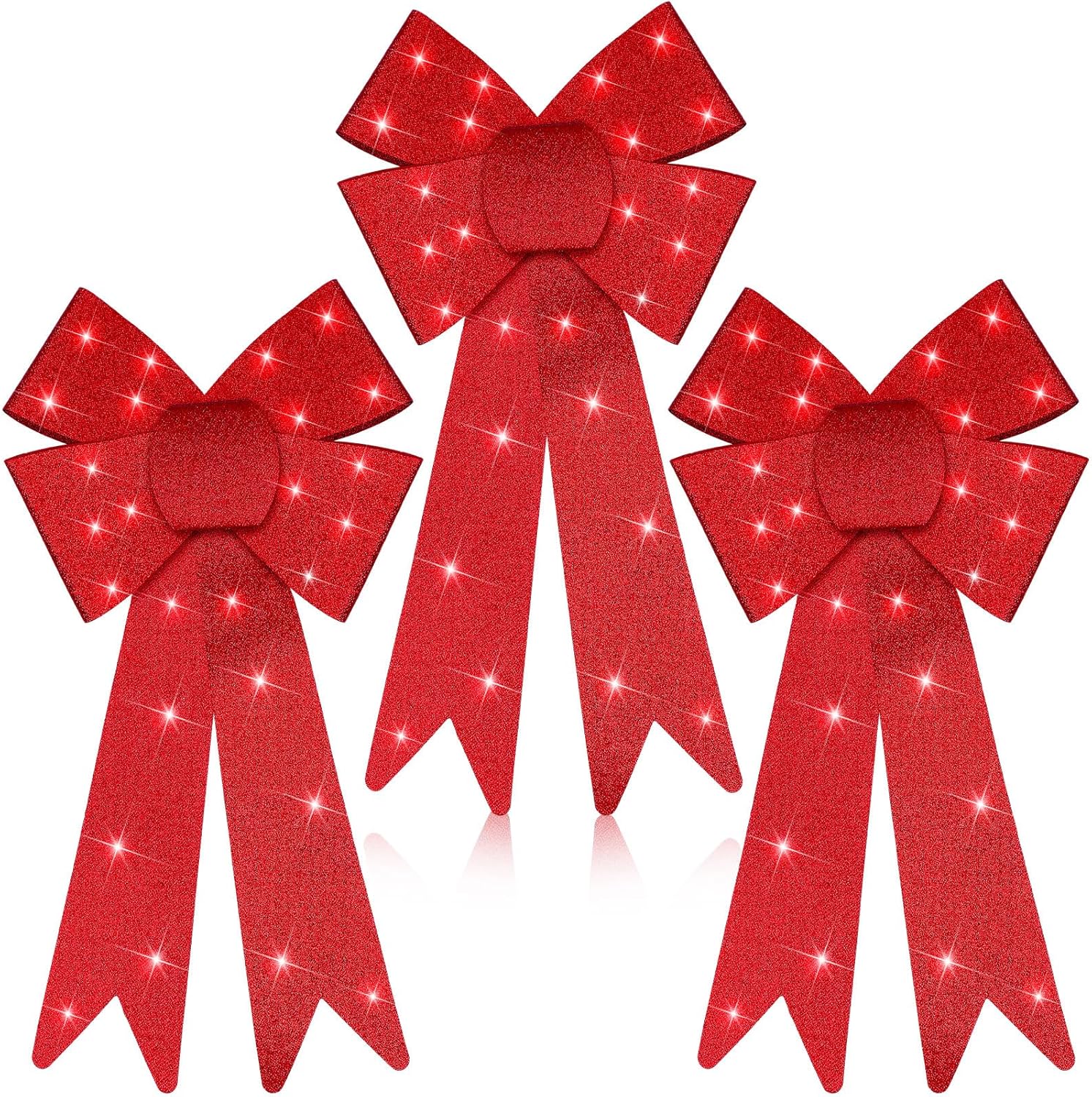 Liliful 3 Pcs 18 x 10 Inch Large Red Lighted Christmas Bows for Wreath and Tree Topper, Giant Light up Christmas Glitter Xmas Tree Topper Wreath Bows Burgundy for Home Indoor Outdoor Party Decoration