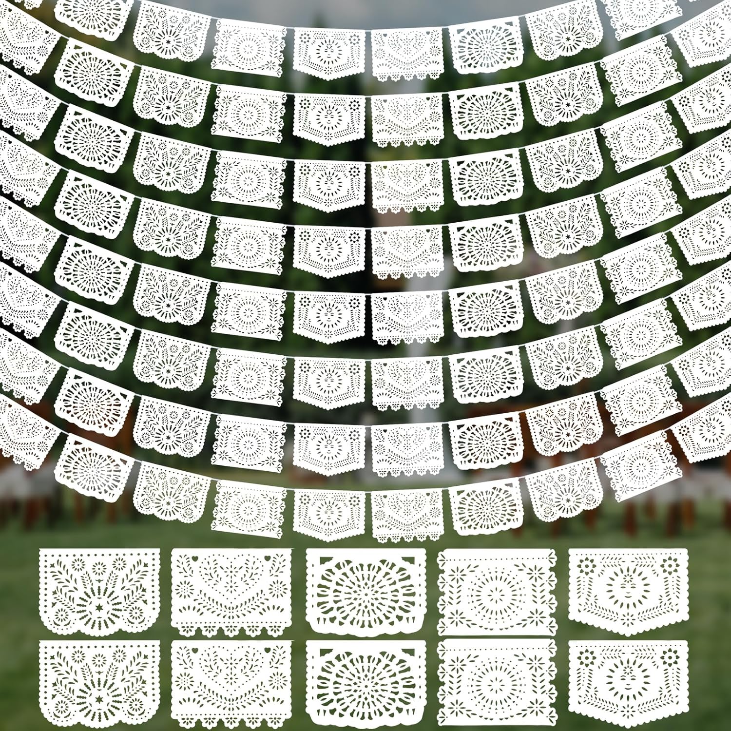 12 Pack White Papel Picado (17 Feet Long Per Pack), Plastic White Mexican Banner Cielito Lindo Decoration for Fiesta Wedding Baby Shower Birthday, 5 Patterns