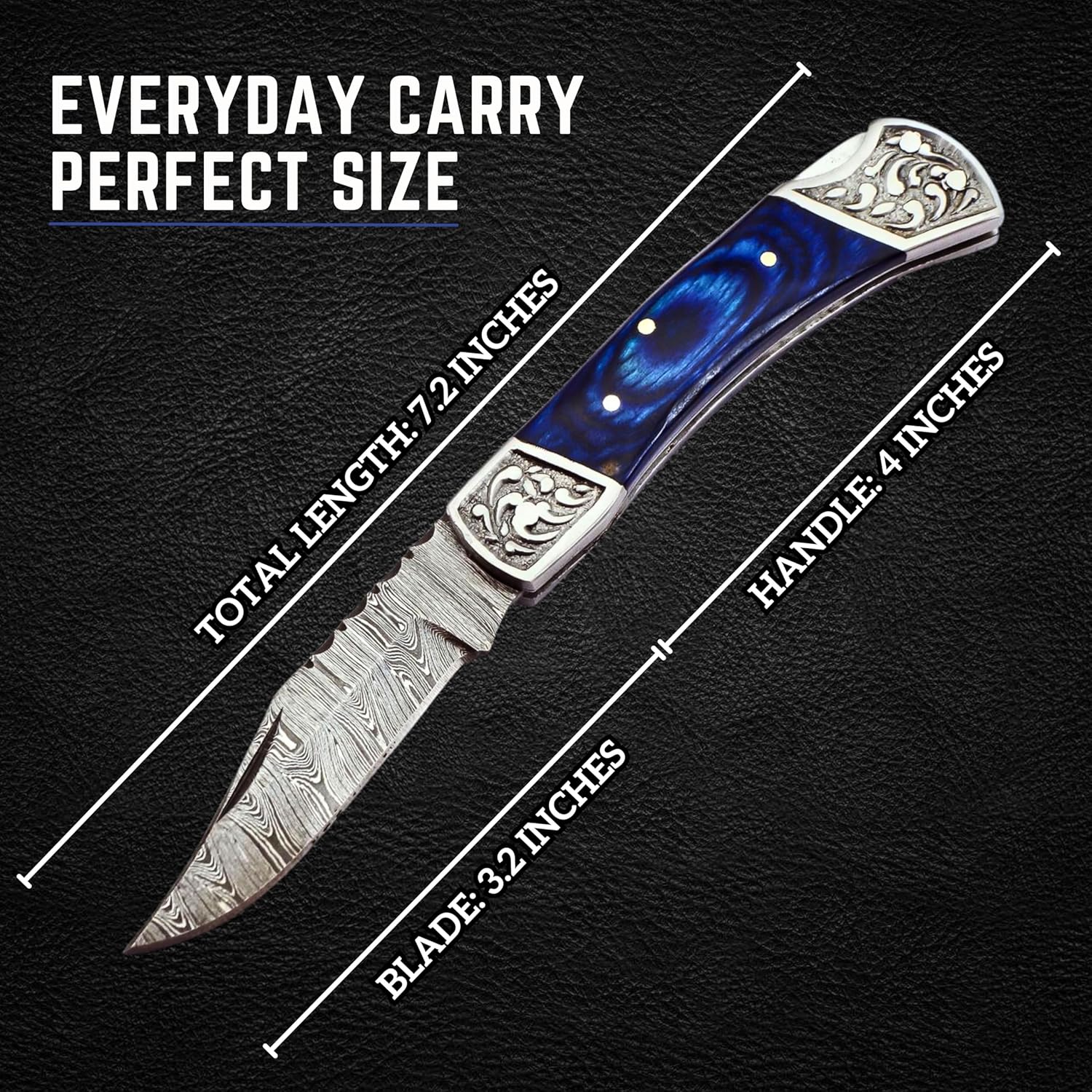 Handmade Damascus Pocket Knife for Men - 7.2 Inches Engraved Steel Damascus Folding Pocket Knife with Belt Holster - Pocket Knives & Folding Knives with Sheath & Back Lock - EDC Knife Pocket.(Blue)