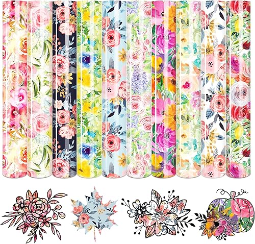 Vinilo HTV de flores de acuarela, 10 hojas (12 x 10 pulgadas), vinilo de transferencia de calor floral HTV con estampado de vinilo HTV para