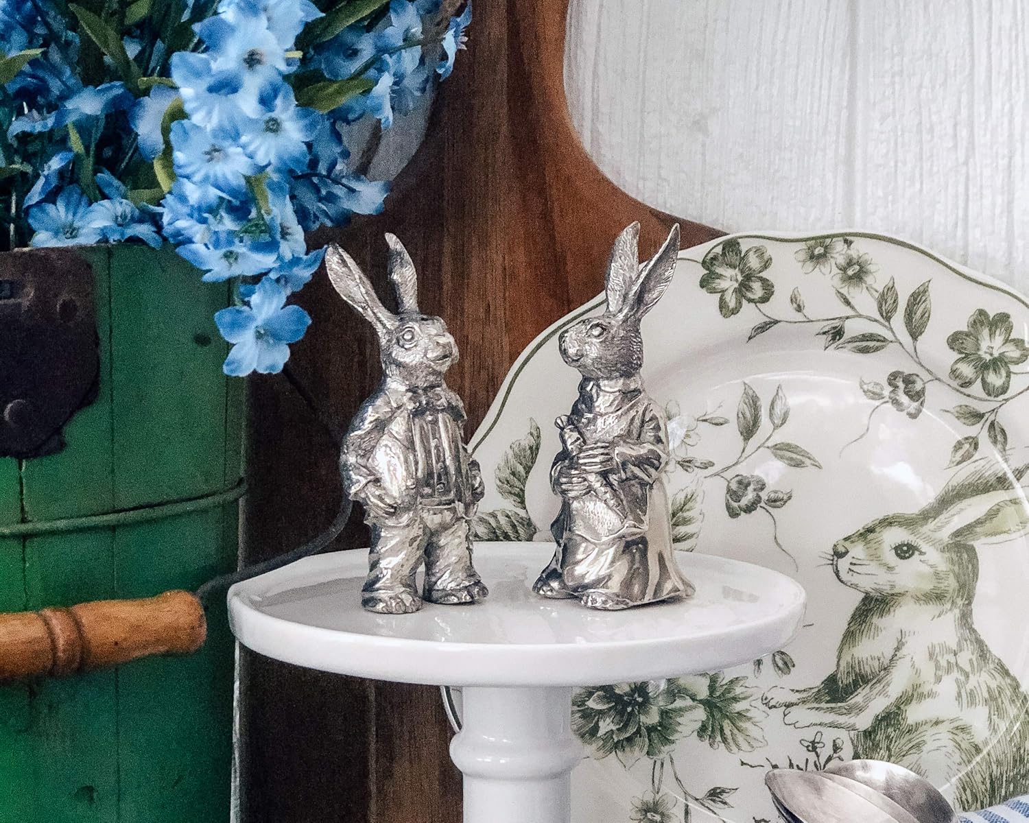 Vagabond House Pewter Metal Cute Dressed Rabbits Bunnies Salt and Pepper Shakers Set 4 inch Tall