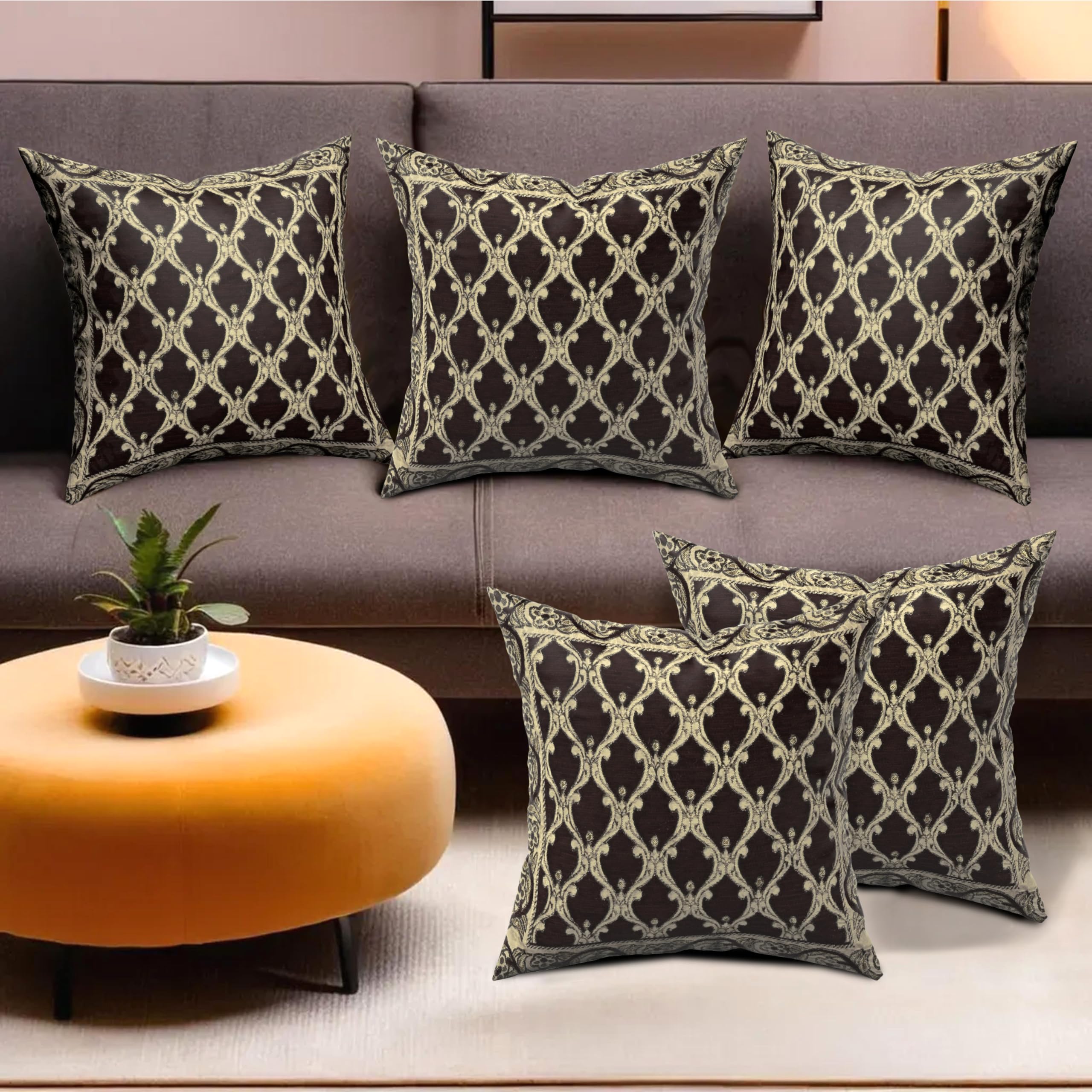 Kuber Industries (Set of 5) 16x16 Inches Washable & Removable Sofa Pillow Cover with Zip for Living Room | Aesthetic Sofa Cushion Covers for Bedroom | Jali Print - Brown & Golden