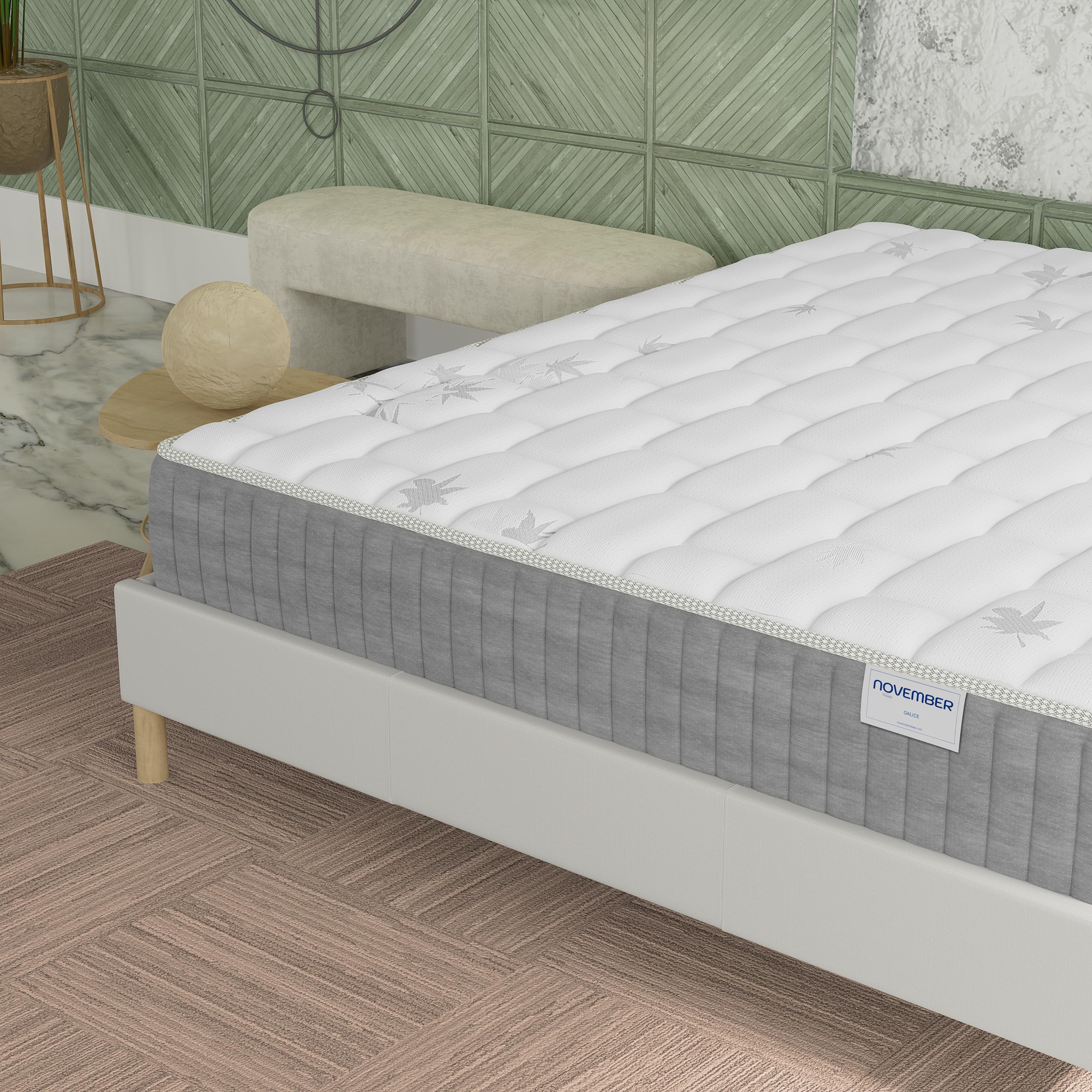 NOVEMBER- Ensemble Matelas + sommier (120 x 190cm)- Matelas Galice Ressorts ensachés & mémoire de Forme d’épaisseur 25cm + Sommier Bois Stable & Robuste revêtement Tissu Blanc
