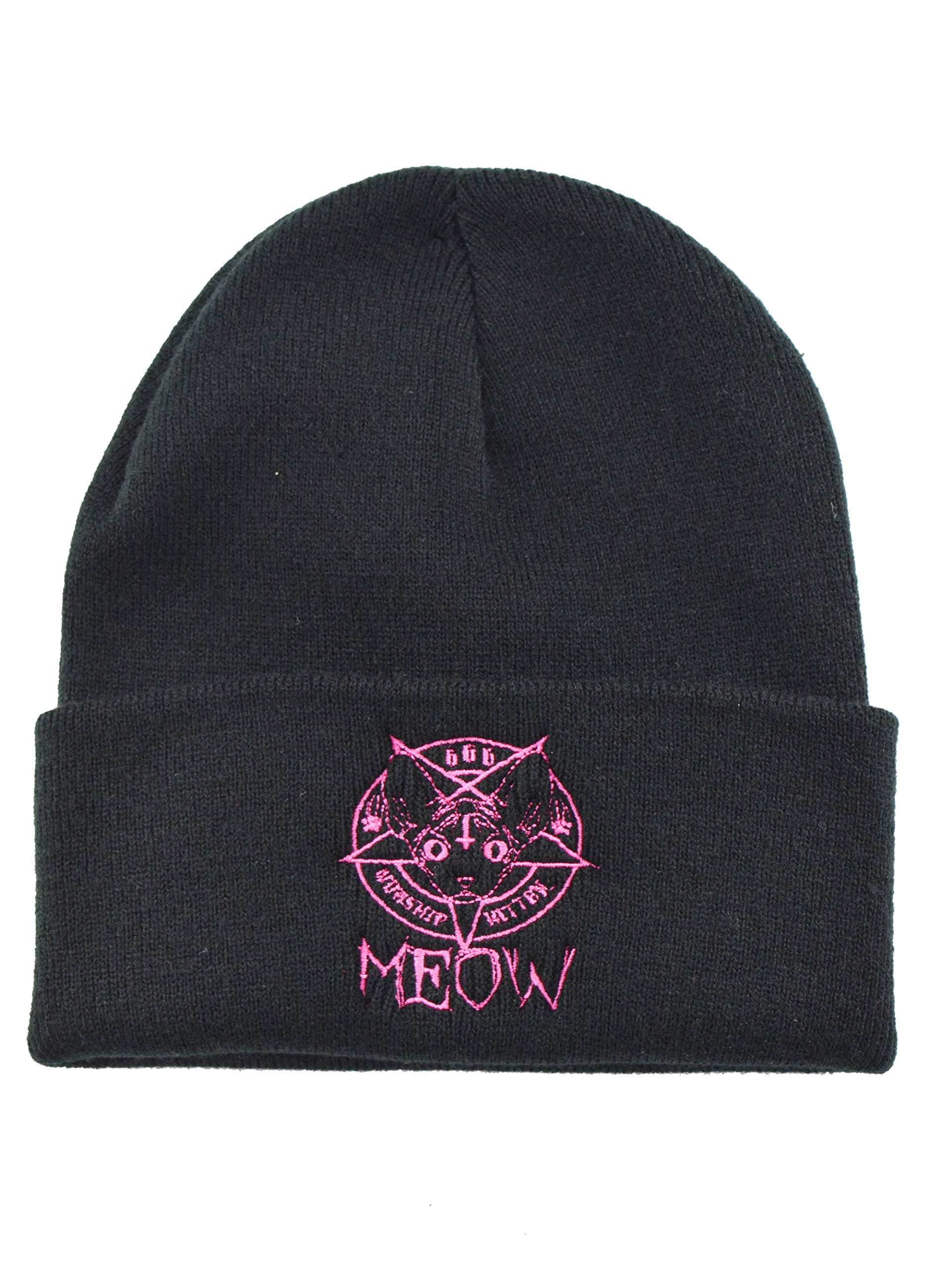 Nostalgic Clothing Kitten 666 Embroidered Occult Nu Goth Slogan Knitted Beanie Hat Black