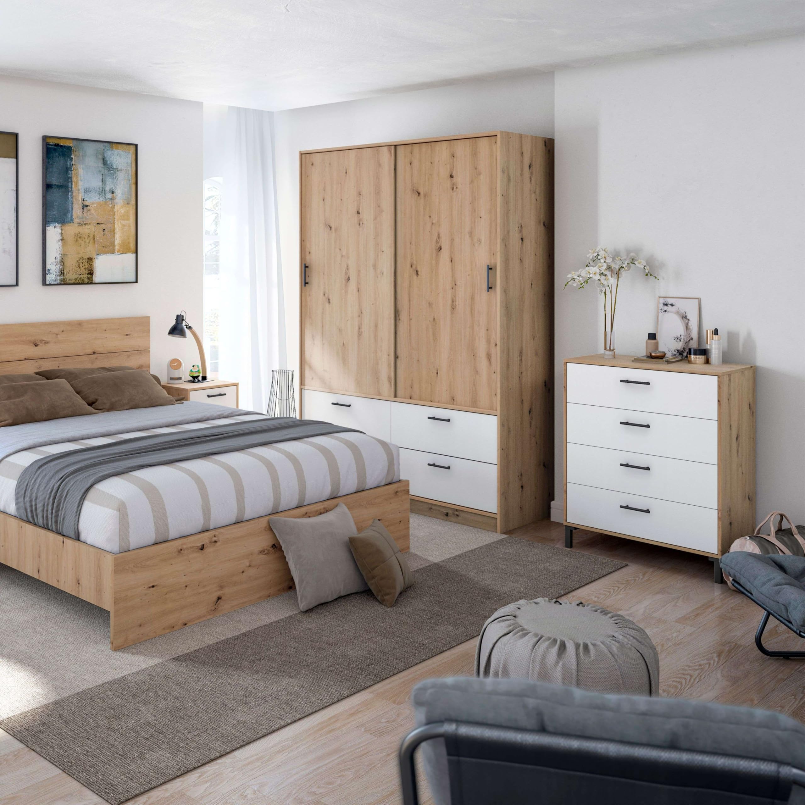 Bricohabitat Cómoda Dormitorio Cajonera 4 Cajones Sinfonier Lúmina Blanco Artik y Roble Nodi 78x94x40 cm