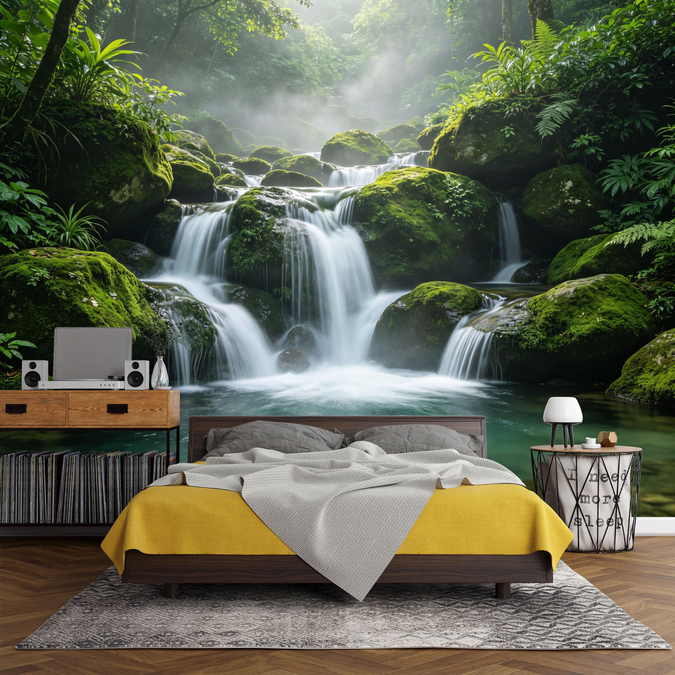 Custom Size Wall Mural， Tropical Waterfall Forest Stream Green Moss Rocks Landscape，SelfAdhesive Art Prints wall Fabric (No PVC) Removable Wallpaper Living Room Decor