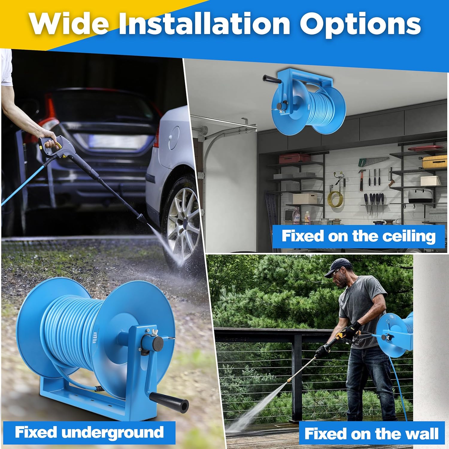 RIDGE WASHER Pressure Washer Hose Reel 180FT, Pressure Washer Hose 50 Feet X 3/8 Inch for Hot and Cold Water