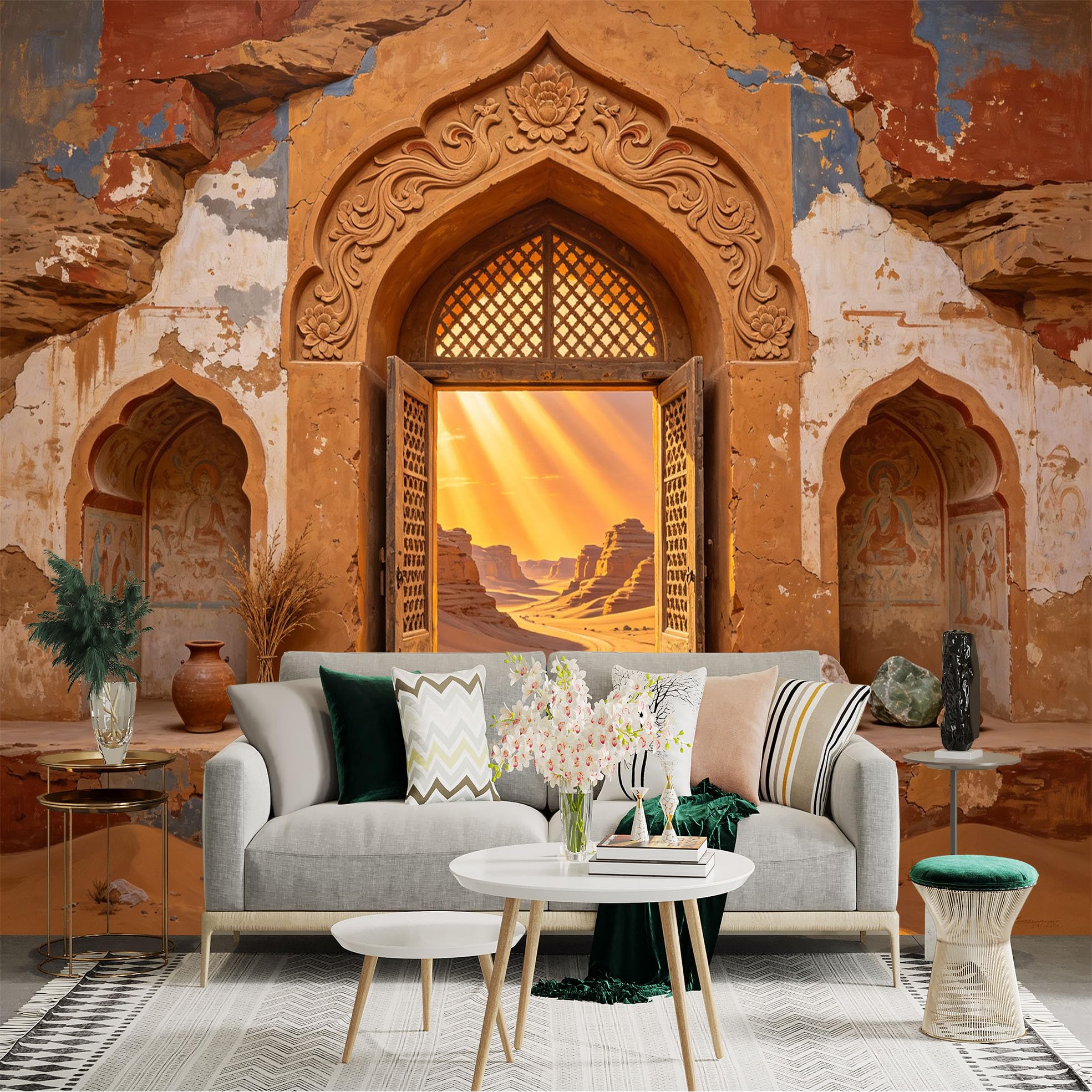 Custom Size Wall Sticker Mural， Desert Archway Sunset， Ancient Sandstone Ruins， Canyon Landscape， for wall Decoration， peelandstick wall Decals.