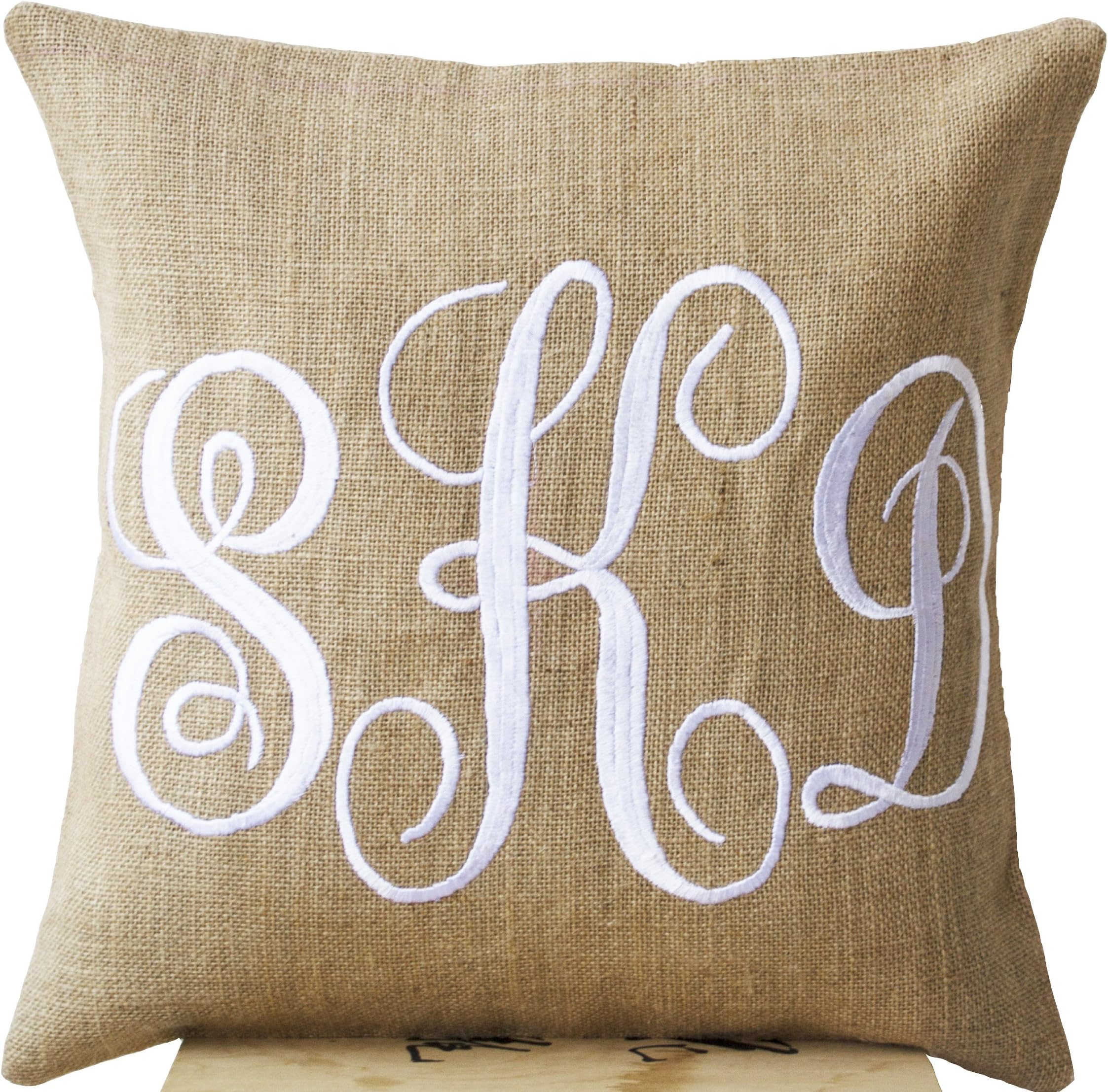 Amore Beaute Handcrafted Jute Hessian Monogram Cushion Covers Embroidered with Three Letters In Cursive Font - Custom Monogrammed Gifts - Initial Cushion Cover- Wedding Cushion Covers - Boho Chic Natural Jute Cushion Cover (50 x 50 cm)