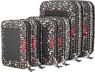 LeanTravel Compression Packing Cubes for Travel Organizers with Double Zipper (6-Pack (2L+2M+2S), Flowers & Leaves)