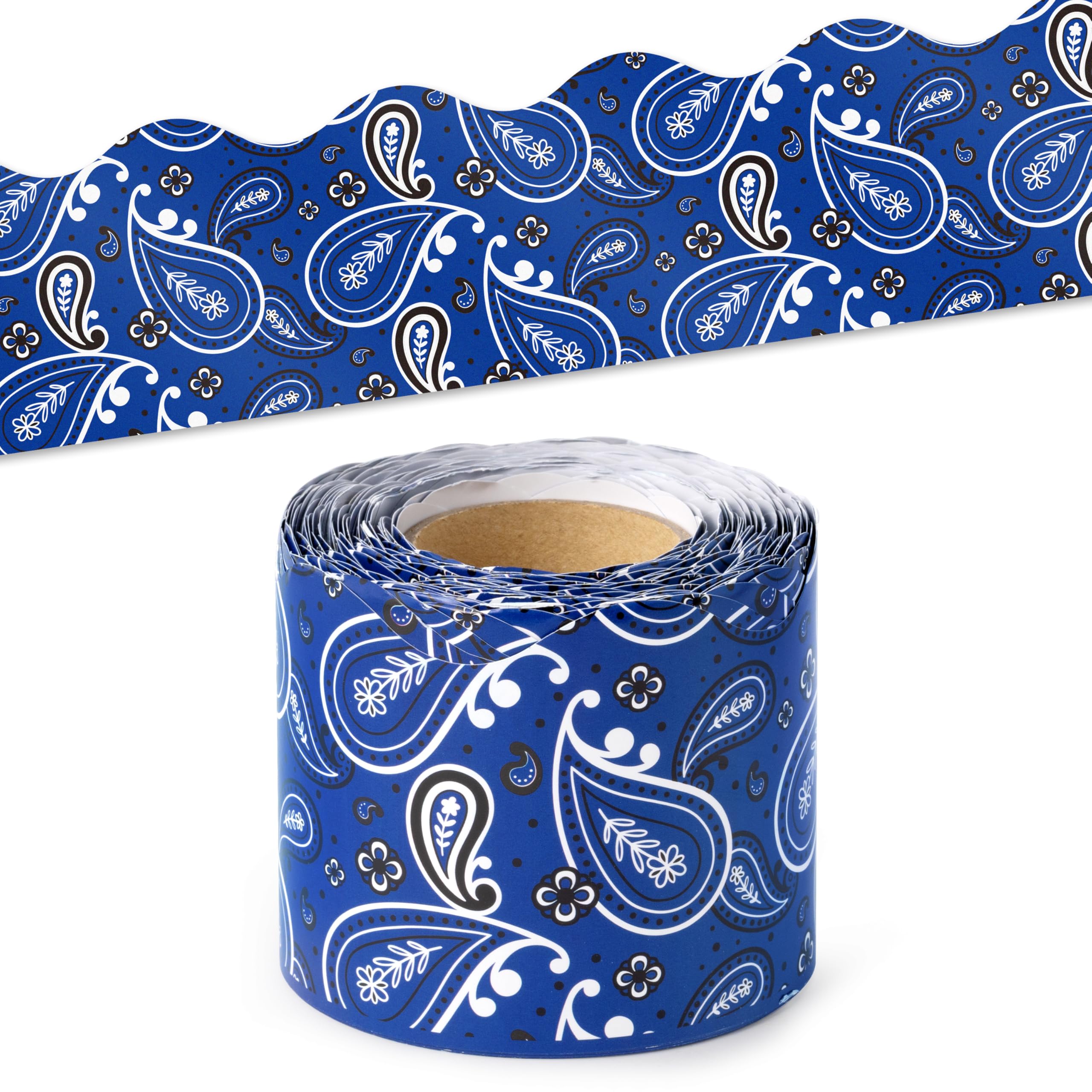 BeYumi Cowboy Bandana Border Trim - 65ft Back to School Western Themed Blue Bandana Scalloped Rolled Border Trim Wild West Themed Bulletin Board Set Classroom Office Chalkboard Wall Party Decoration