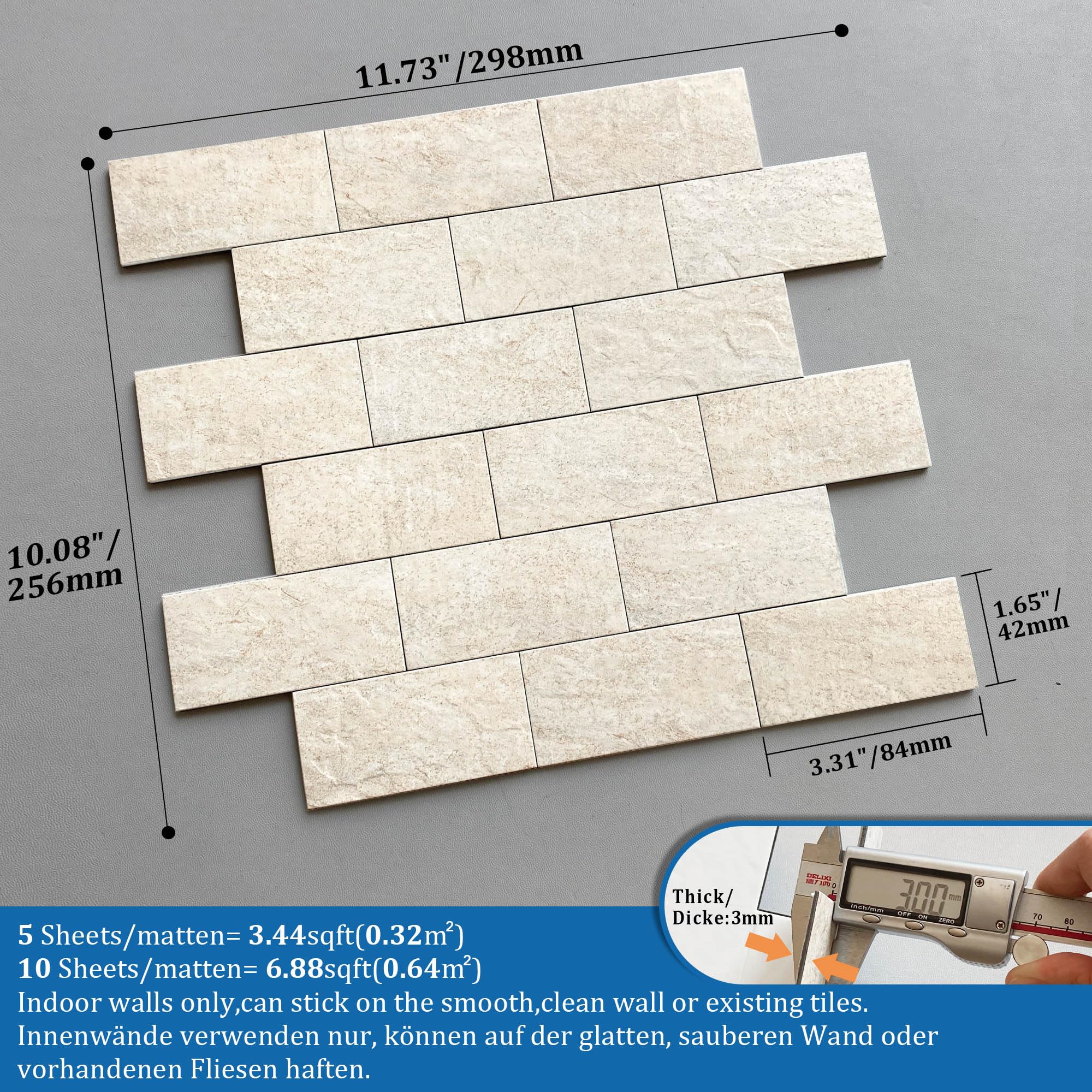 Mosaikfliesen Matte U Bahn Fliesen Selbstklebend,Fliesenaufkleber Marmor Optik Selbstklebende Fliesen Wasserdicht (Beige 10 Stück)