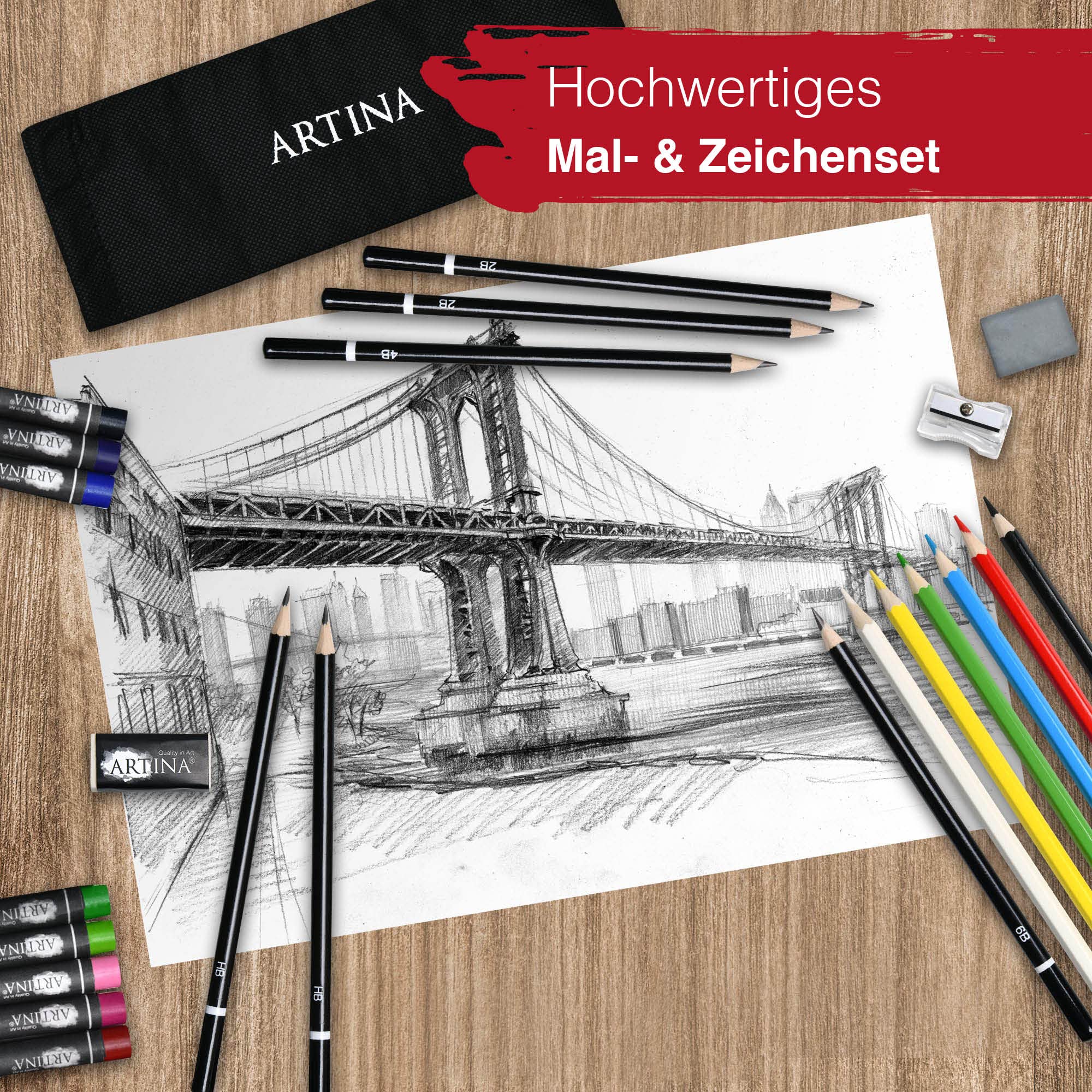 Artina 122tlg XXL Malset mit Staffelei Künstler Set Acryl und Zeichenset | Buntstifte Leinwand Pinselset Wasserfarben Pastellkreide Großes Kreativ für alle Altersklassen Malkoffer Kinder Michelangelo