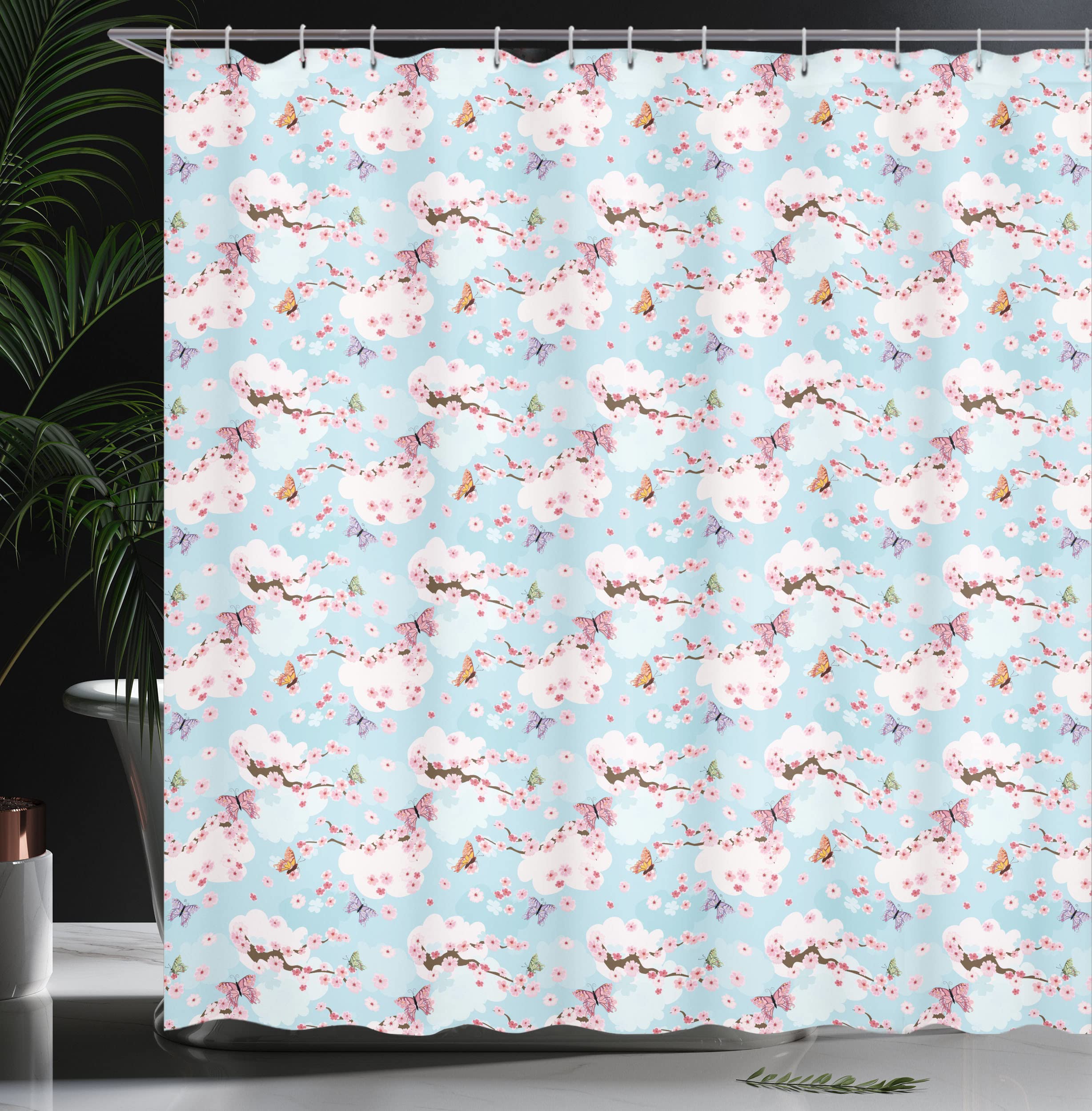 Duschvorhang Kirschblüten Sakura Design - Türkiser Polyester-Stoffdruck 183x183 Cm Mit 12 Haken