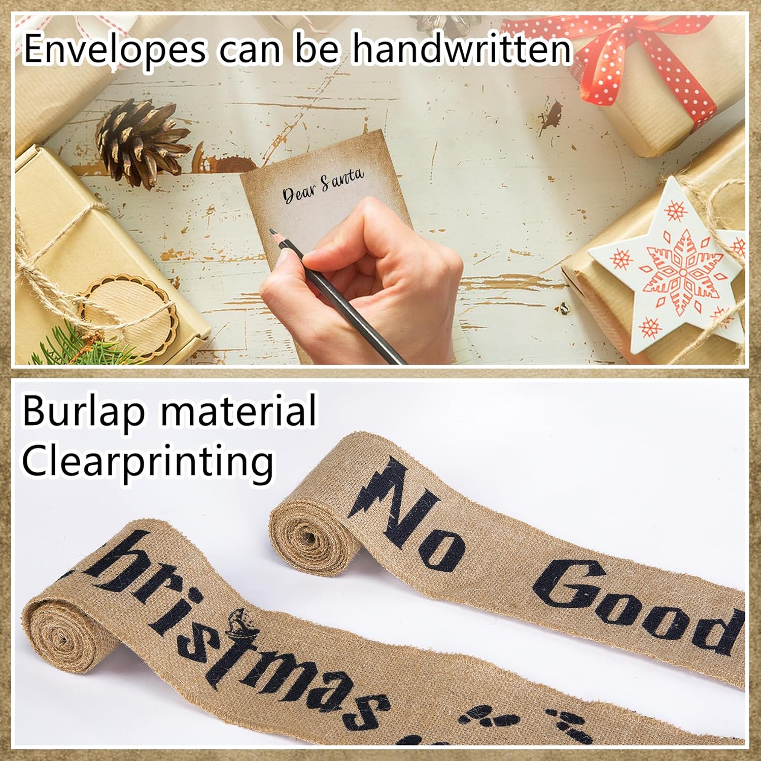 2 Set 62''x 4'' Christmas Tree Burlap Ribbon Garland, Wizard Burlap Ribbon Tree Decoration with 2 String Letter Cards, Xmas Rustic Burlaps Ribbons Decor for Christmas Hanging Home DIY Craft