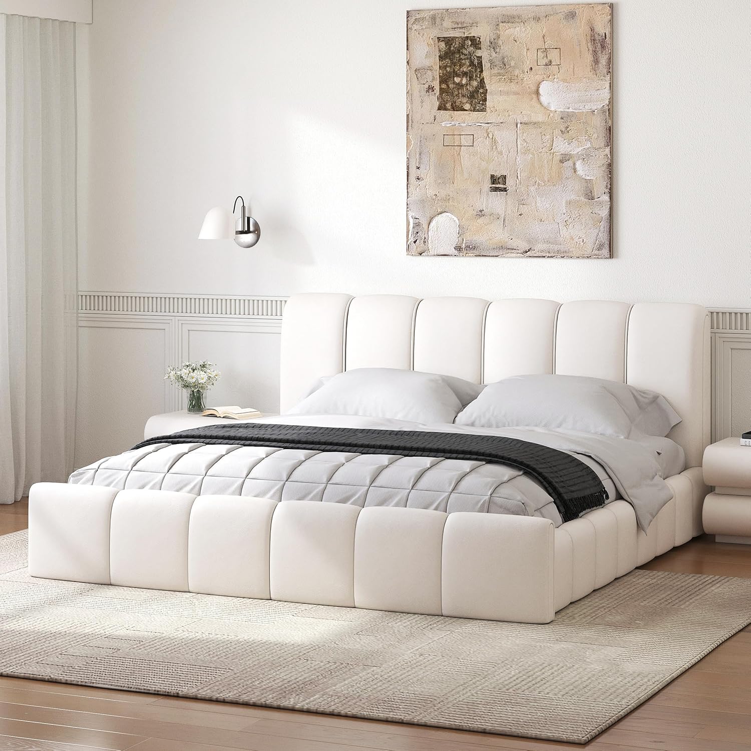 homary Leather King Bed Frame with Upholstered Headboard, Modern Faux Leather Bed Frame No Box Spring Needed, 82.3" W x 92.6" L, Mattress Size 76" W x 80" L, White King Size for Master Bedroom