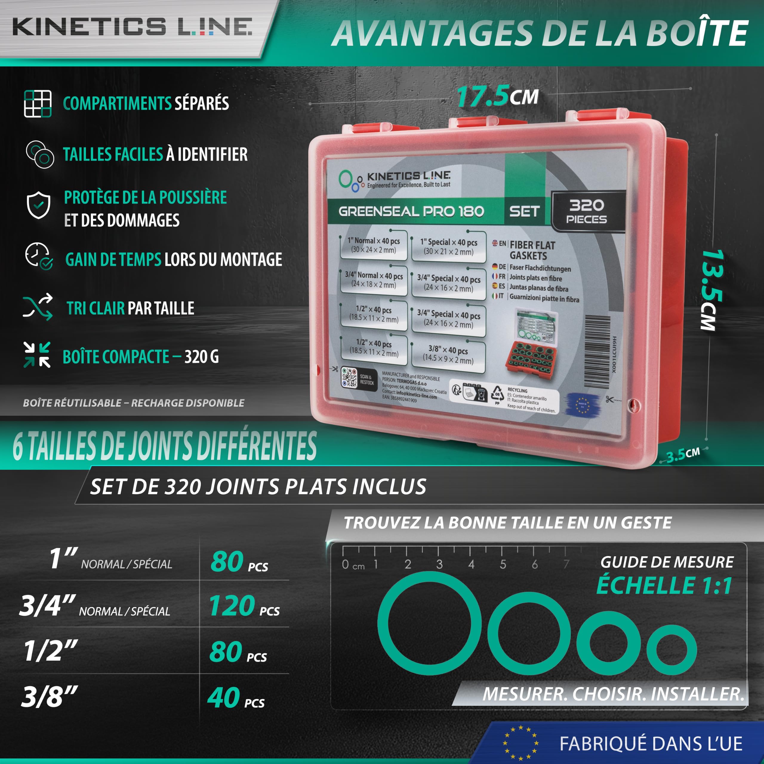 Boîte de Joints avec 320 Joints Plats en Fibre 3/8–1 Pouce – Assortiment de Joints pour Sanitaire, Chauffage et Climatisation – Jusqu’à 180 °C
