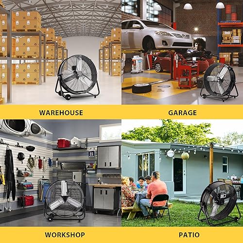 Miniatura 6 de Ventilador de tambor industrial de 30 pulgadas, ventilador de piso resistente de 14000 CFM, potente circulador de aire de 3 velocidades con ruedas