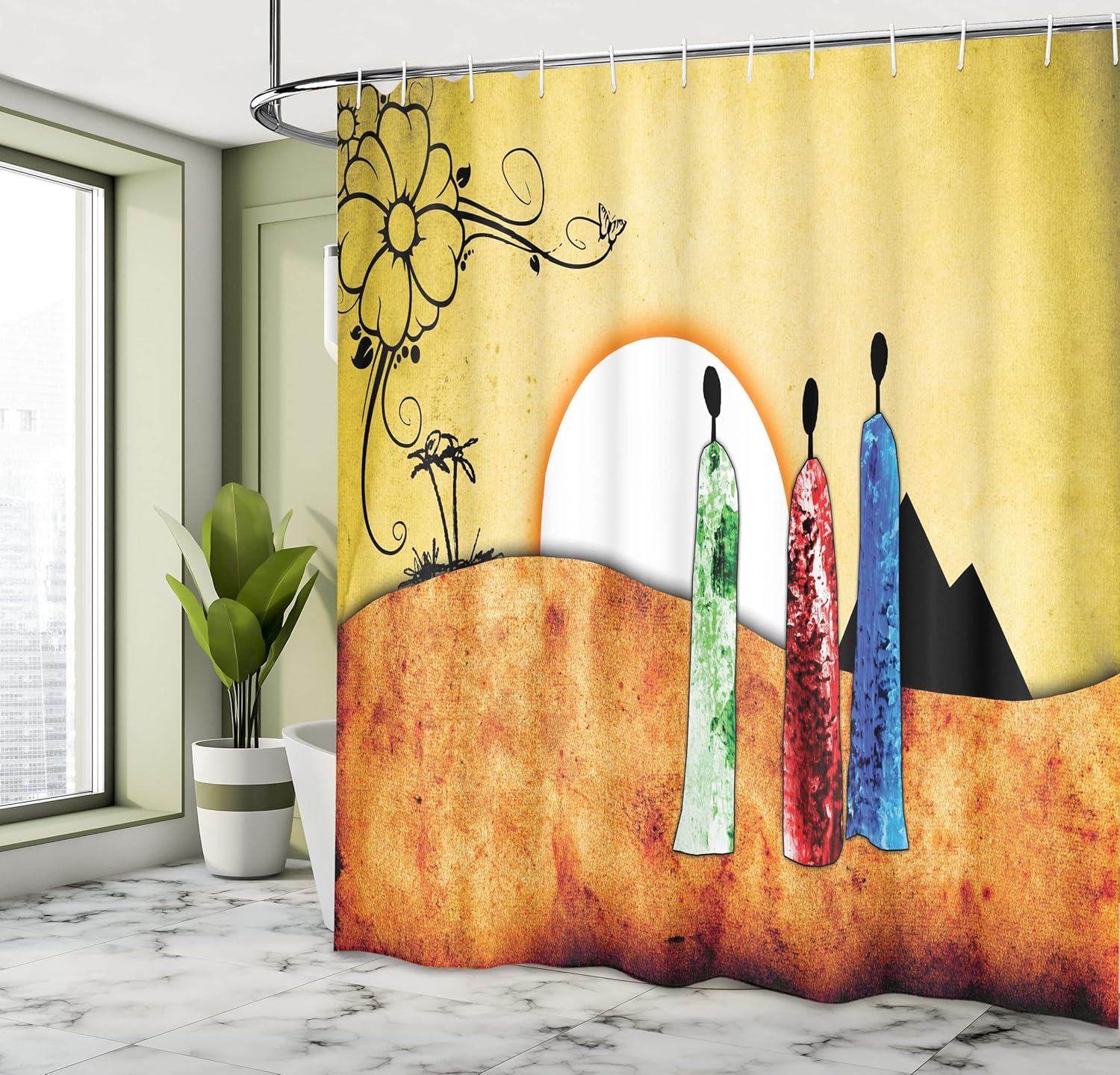 Ambesonne African Shower Curtain, People Facing Large Sun Savannah Desert Boho Wildlife Illustration, Cloth Fabric Bathroom Decor Set with Hooks, 69" W x 70" L, Pale Green Brown White