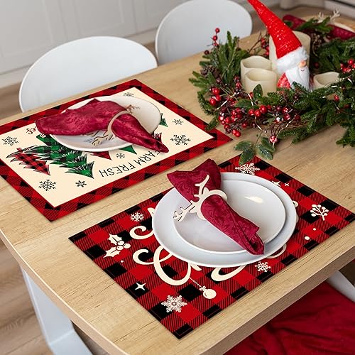Miniatura 5 de Juego de 6 manteles individuales de Navidad, tapetes de cocina con texto en inglés Merry Christmas para mesa de comedor, lino lavable, árbol de