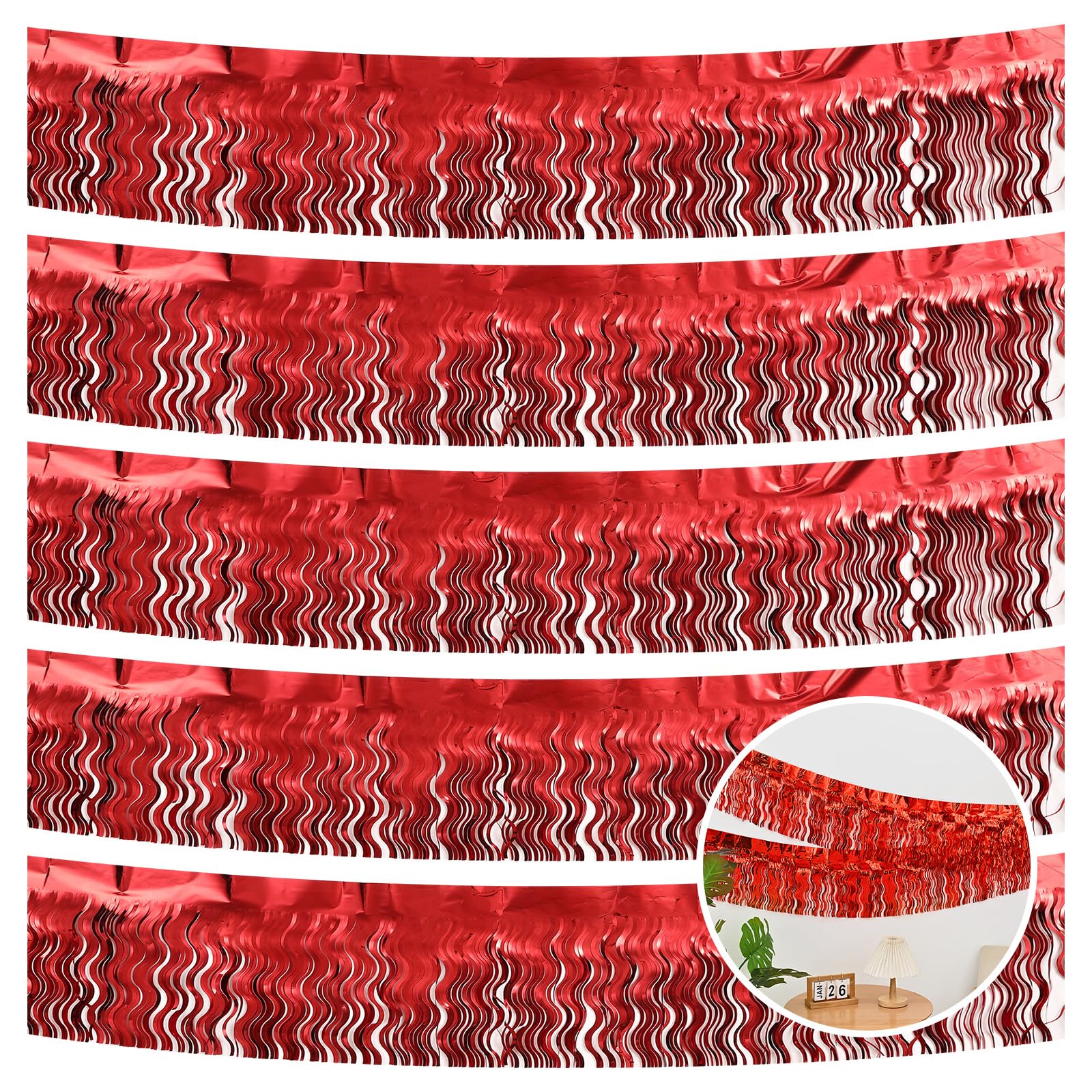 5 Pack 10 Feet Red Fringe Garland Wavy Foil Fringe Garland Tinsel Fringe Banner Hanging Backdrop Banner Tinsel Streamers for Parade Floats Birthday Party Decorations Halloween Christmas (Red)