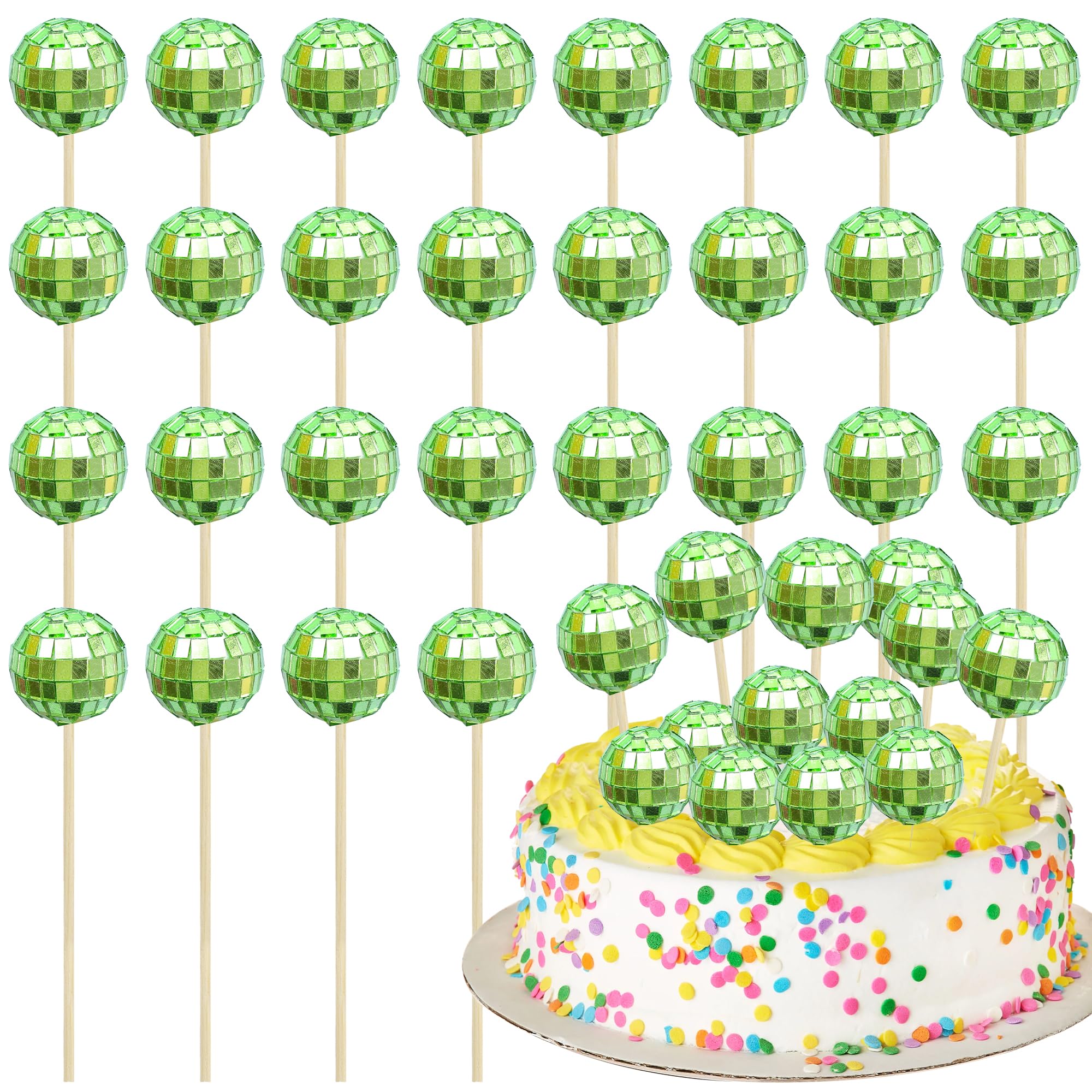 Ephlyn 24Pcs Green Disco Ball Cupcake Toppers and Picks - Mini Cake Decorations for 70s Disco Theme Party