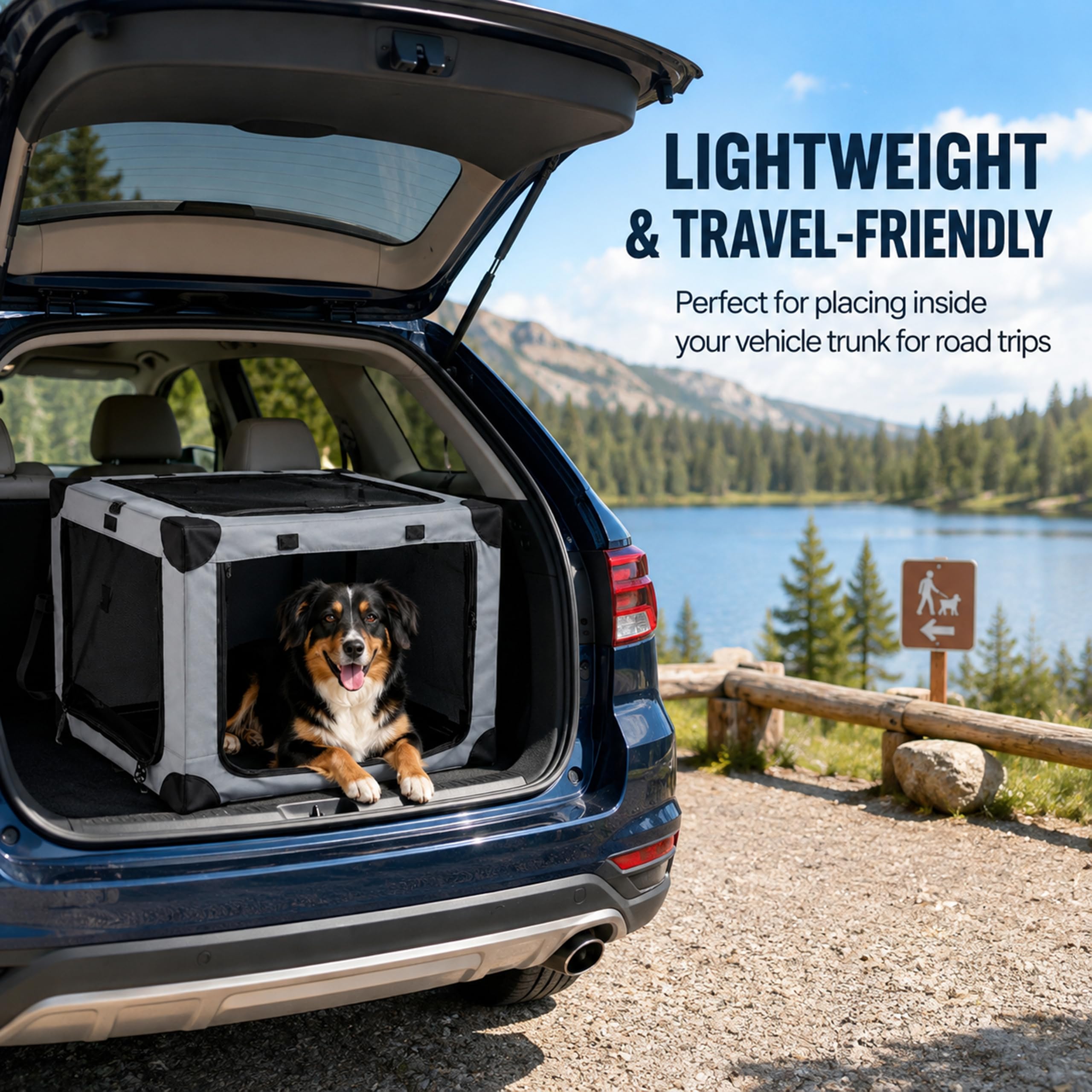 ALLUMK Cage de Transport Pliable Taille L pour Chiens Moyens et Chats | Maille renforcée à 3 portes, sangles de fixation auto, dimensions 81x59x59cm, adapté voiture, camping et visites vétérinaires