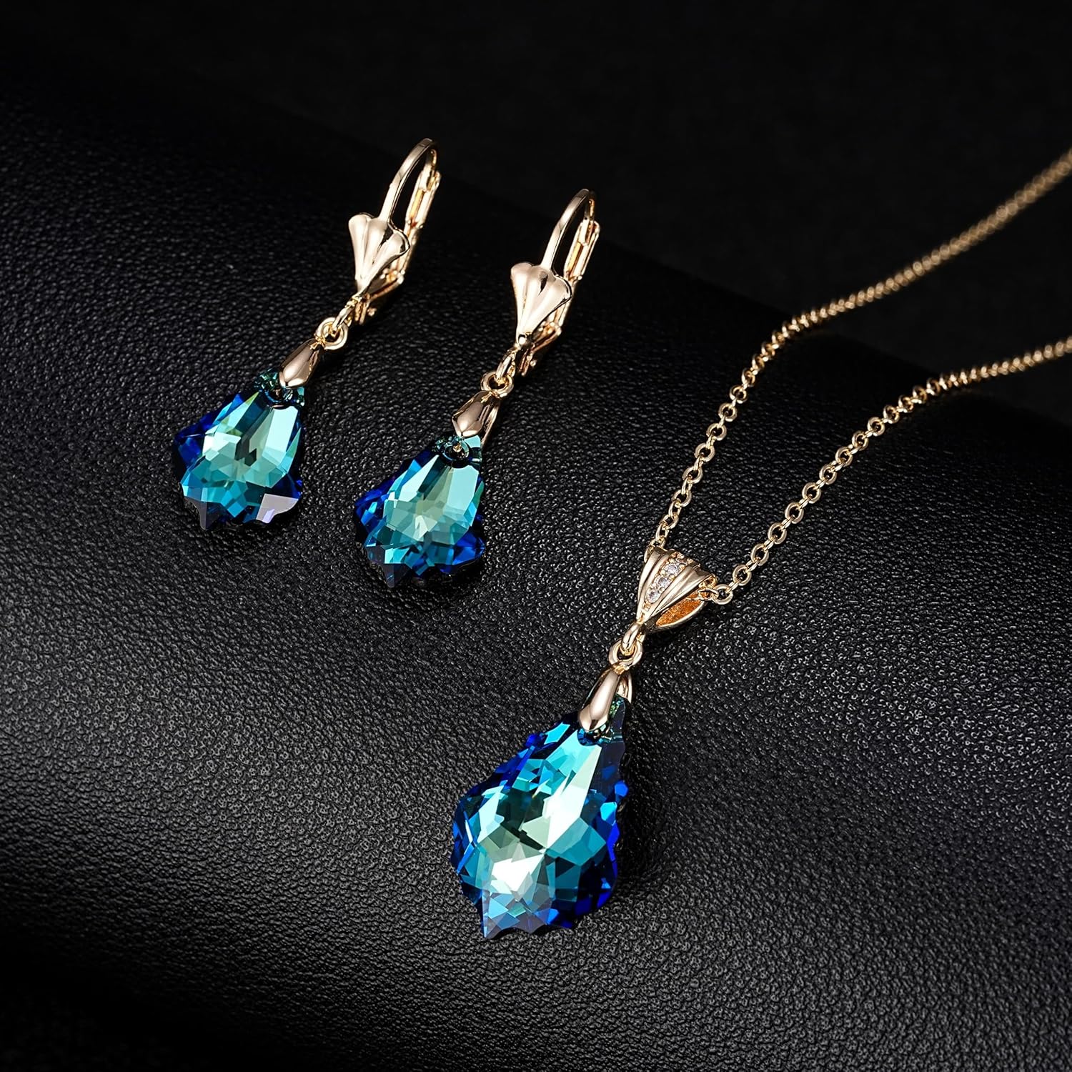 EVEVIC Austrian Crystals Baroque Pendant Necklace Earrings for Women 14K Gold Plated Hypoallergenic Leverback Drop Dangle Earrings Jewelry Set - Image 5