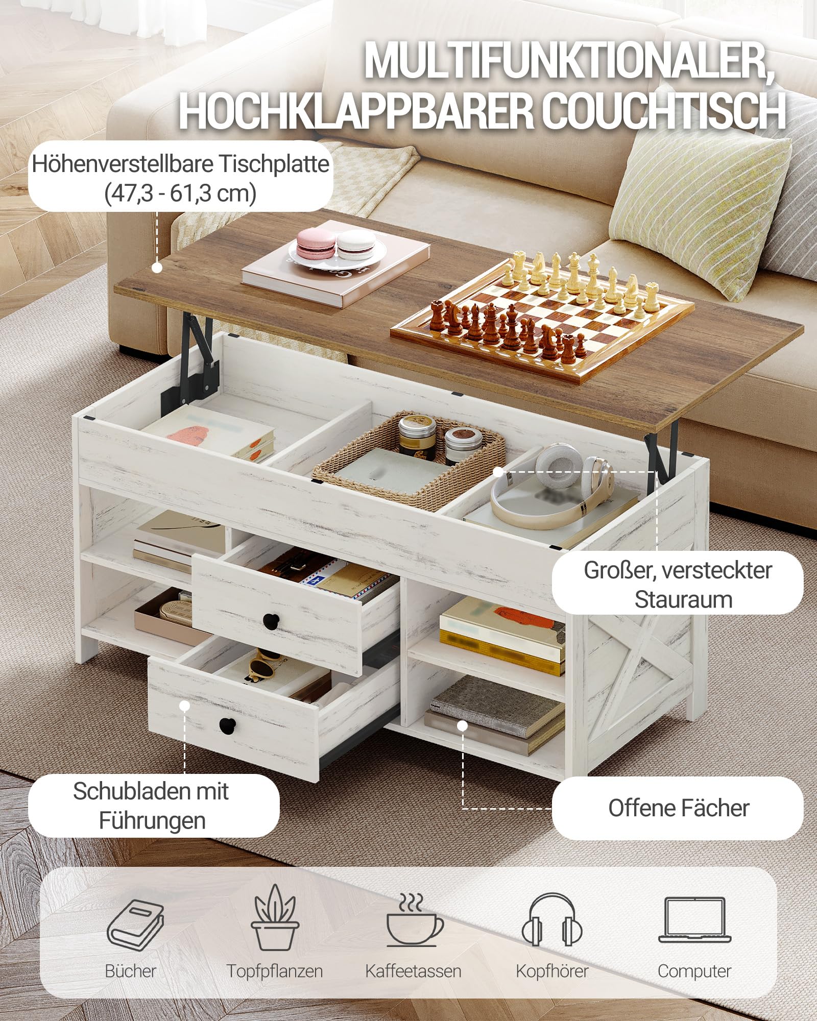 Hzuaneri Couchtisch, höhenverstellbarer, 50 x 100 x 47-61 cm, Weiß-Braun | Wohnzimmertisch, Sofatisch, 2 Schubladen und Versteckter Stauraum, für Wohnzimmer, Esszimmer, Büro, CT22114B