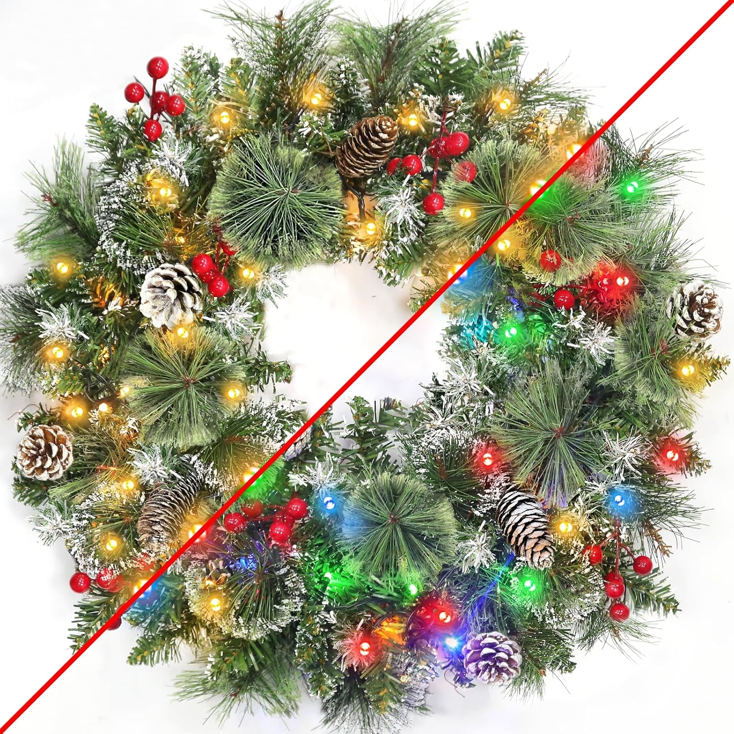 Dual Color Change & 8 Modes- 24'' Large Christmas Wreaths for Front Door, 50 Warm White&Color Lights, Timer, Pinecones, Red Berries, Lifelike Spurce Mixed Pine Branches Xmas Wreath for Indoor Outdoor 24 Inch