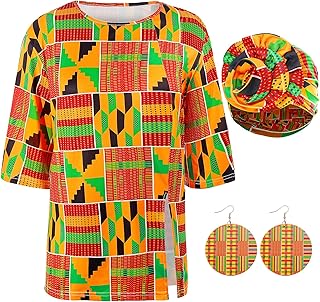 Women African Print Shirts 3/4 Sleeve Dashiki Henley Loose Tops Boho Casual Fit Crew
