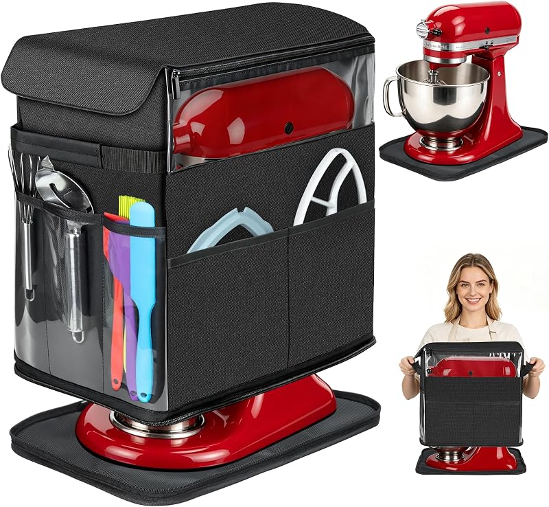 2026 Cubierta antipolvo mejorada para batidora KitchenAid Tilt-Head de 4,5-5 cuartos | Base deslizante para electrodomésticos, protector impermeable para mezcladores con bolsillos de almacenamiento para accesorios de ayuda de cocina