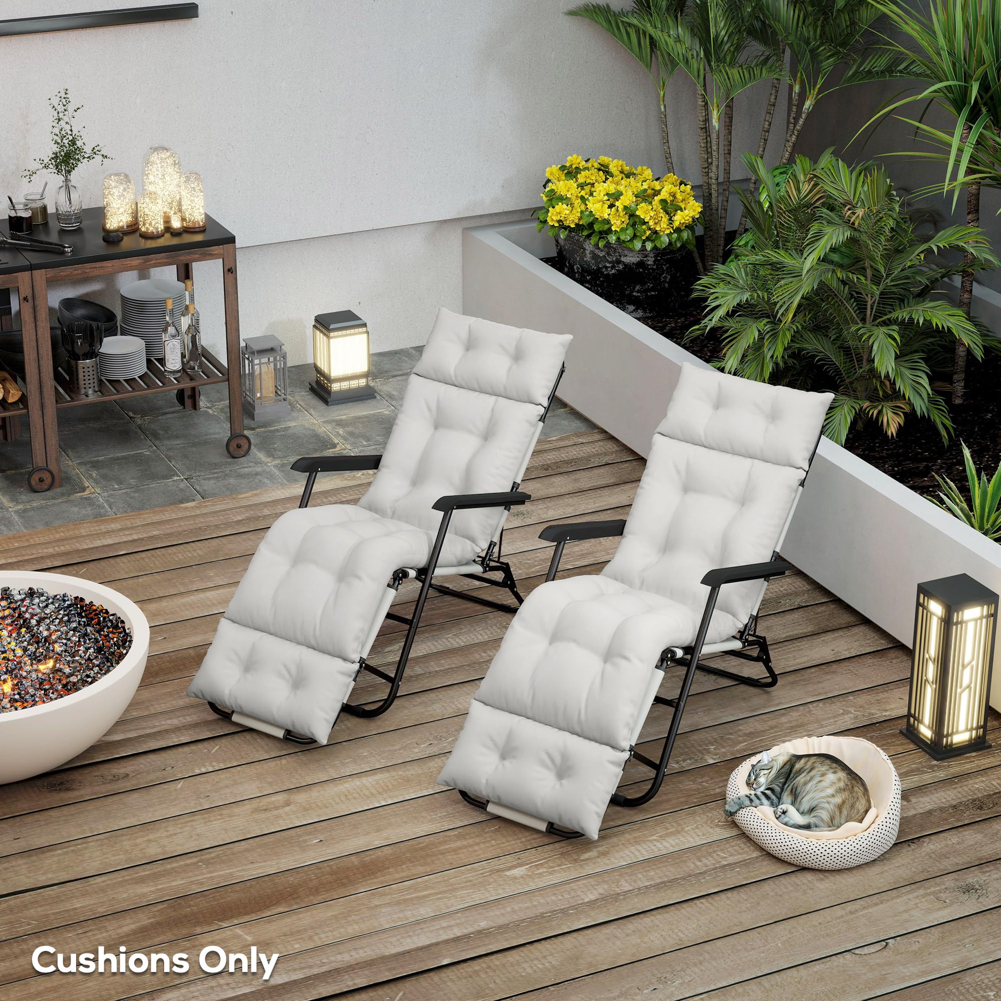 Outsunny Lot de 2 Coussins de Chaise Longue Coussin Bain de Soleil - épais, Confortable et rembourré - Matelas transat avec 6 Attaches, 190 x 56 x 10 cm, Gris Clair