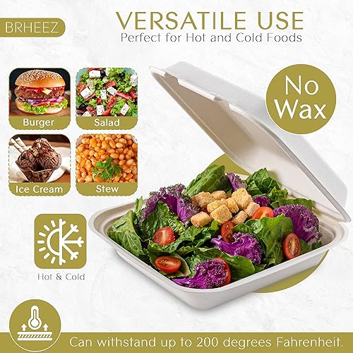 Vista 10 de brheez Recipientes desechables de fibra de bagazo biodegradables con tapas para llevar, fiestas y vacaciones, paquete de 50 cajas sin productos