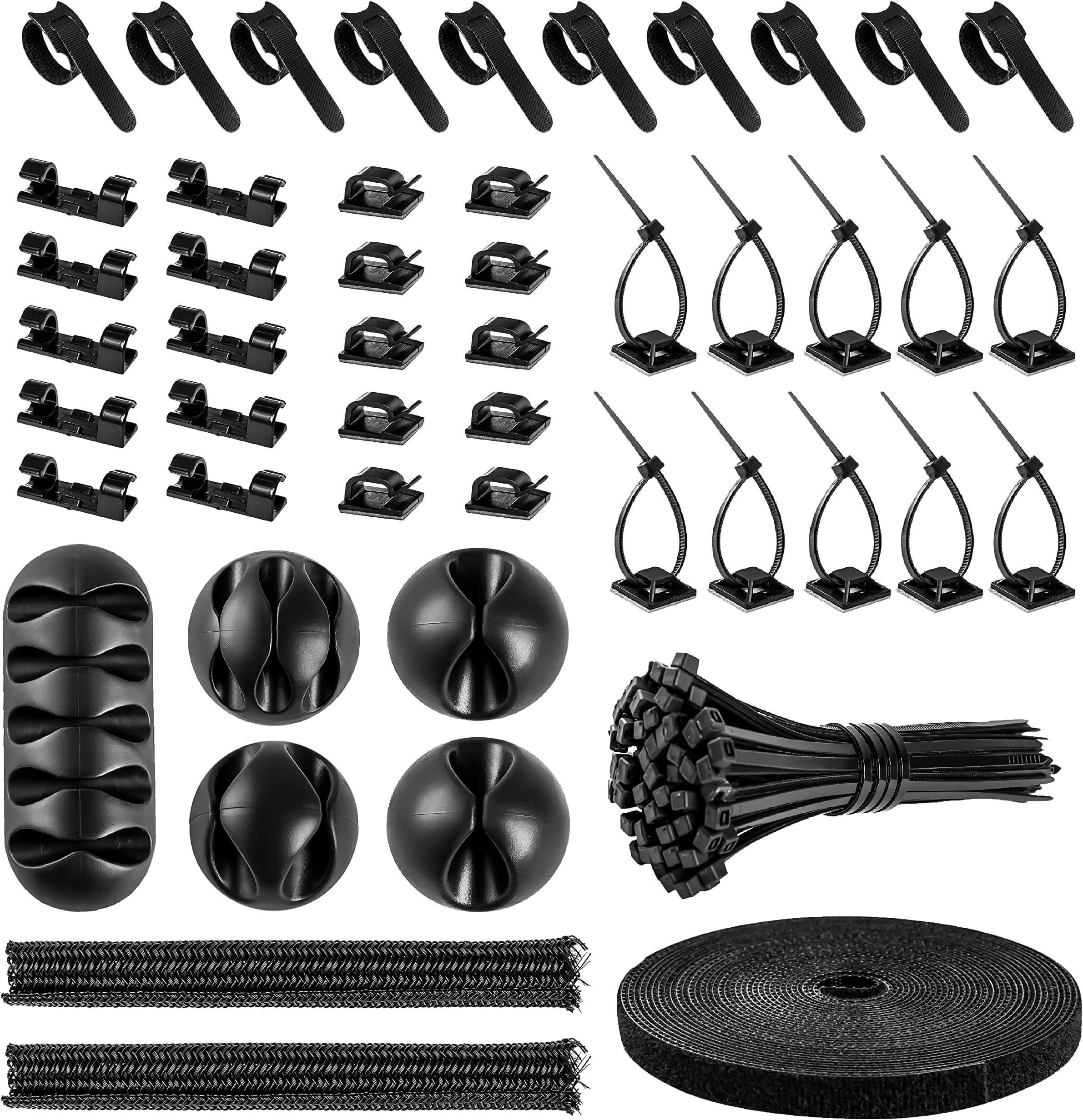 Cable Management Organizer Kit 2 Cable Sleeve Split with 41Self Adhesive Cable Clips Holder, 10pcs and 2 Roll Self Adhesive tie and 100 Fastening Cable Ties for TV Office Home Electronics etc
