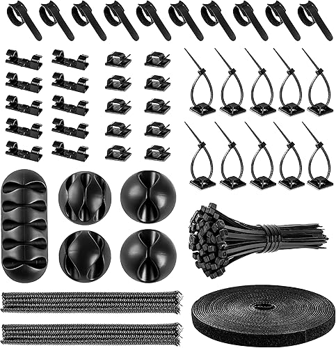 Kit organizador de cables con 2 fundas para cables divididas con 41 clips autoadhesivos, 10 unidades y 2 rollos de ataduras autoadhesivas y 100
