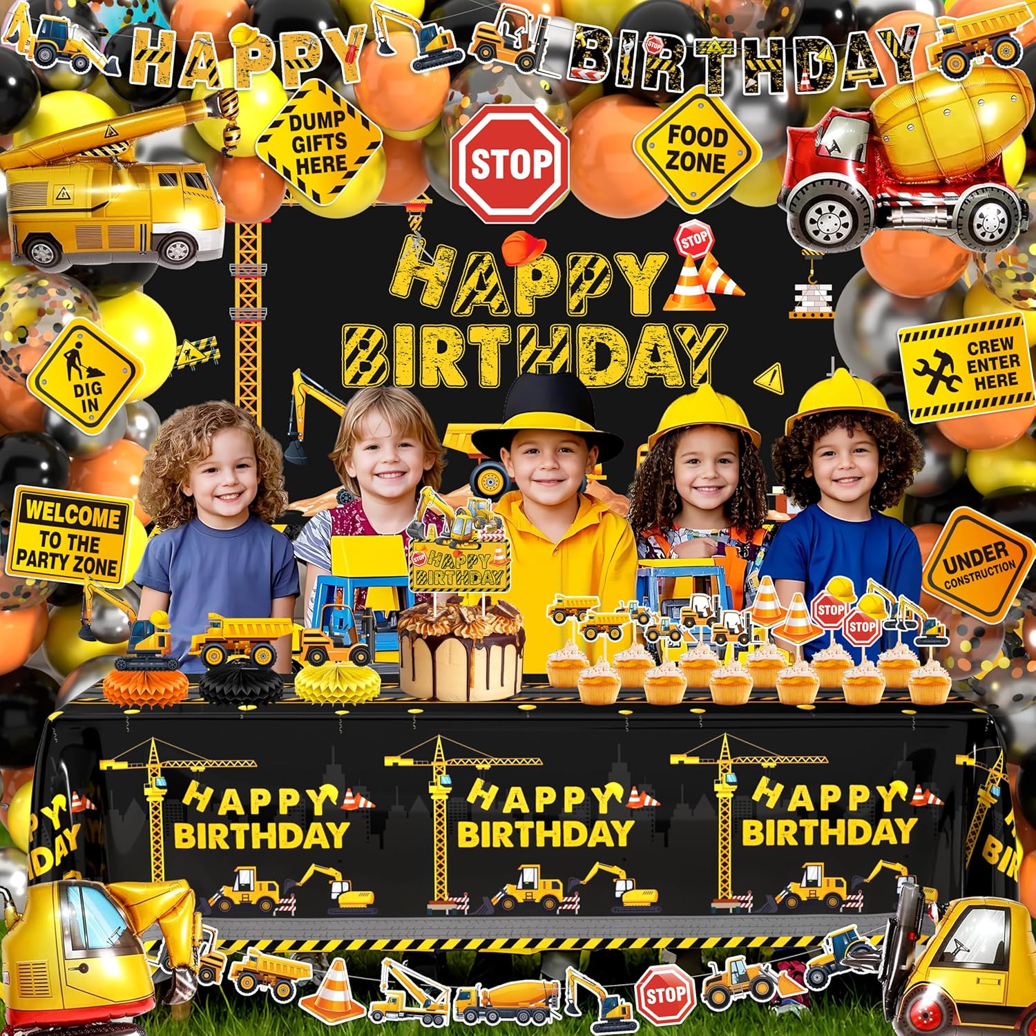 Construction Birthday Party Supplies - Dump Truck Decorations with Balloon Arch Kit, Happy Birthday Banner, Backdrop, Tablecloth, Honeycomb Centerpieces, Caution Tape - Image 7