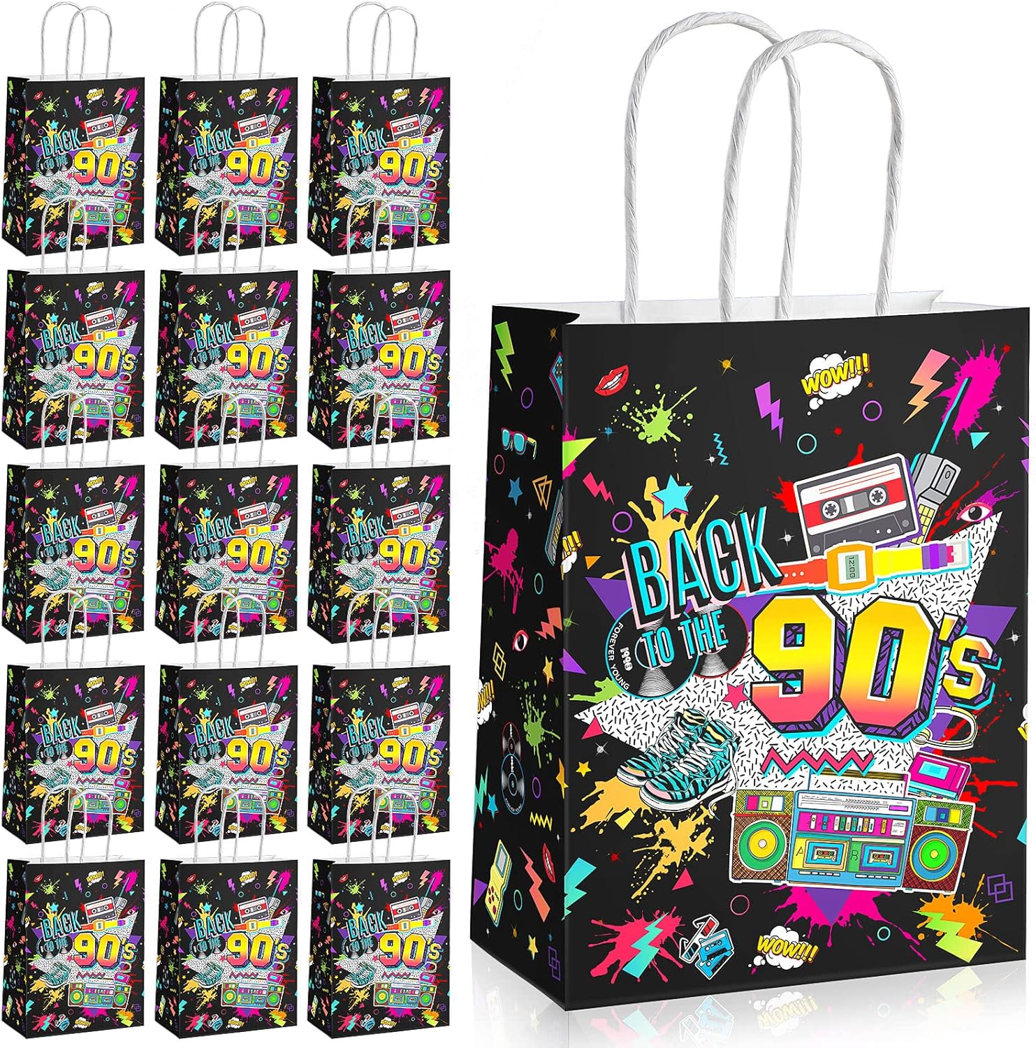 Marspark 16 Pieces 90s Party Favor Bags Bulk Back to the 90s Party Candy Gift Treat Goodie Bags for Retro 1990s Theme Disco Dance Birthday Supplies
