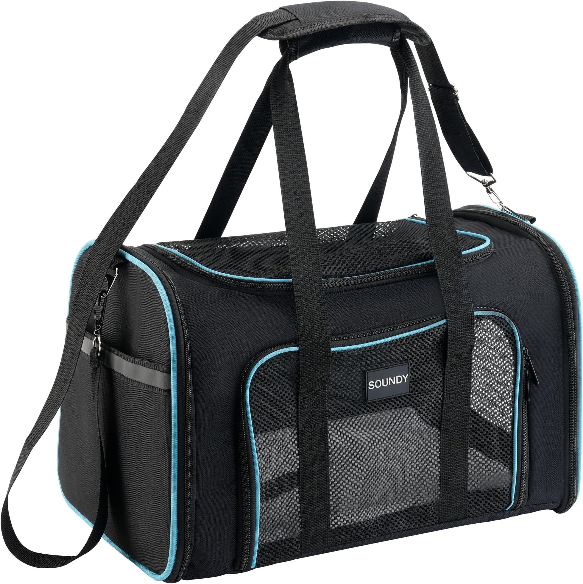Soundy Large Cat Carrier Dog Carrier Under 25 Lbs,Collapsible Ventilated Portable Pet Bag with Soft Sided Breathable Mesh for Long Car Trips Maxi Load 2 Kittens or Small, Medium Dog (Large Black)
