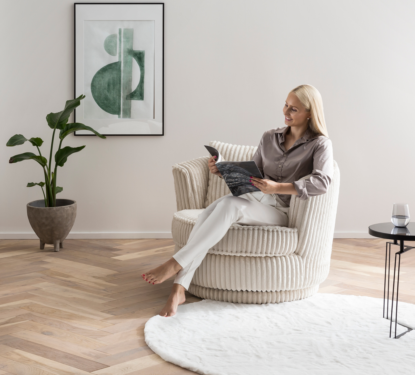 Furn.Design Sessel in beige/wollweiß Mega-Cord Drehsessel 360° drehbar inklusive Kissen Comfy (Wollweiß) Küche, Haushalt & Wohnen