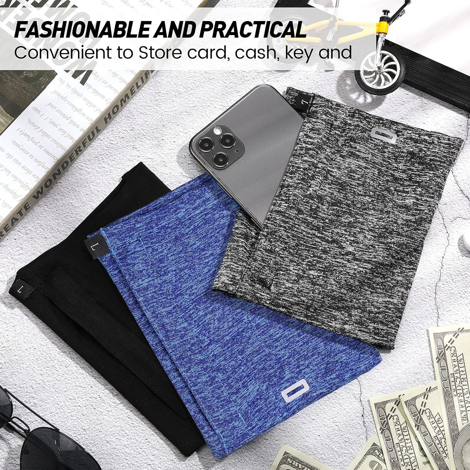 Outus 3 Pieces Phone Armband Running Armband Cell Phone Sleeve for Running Holder Arm Bands for Walking Hiking Jogging Travel (Black, Gray, White-Blue,L) - Image 7