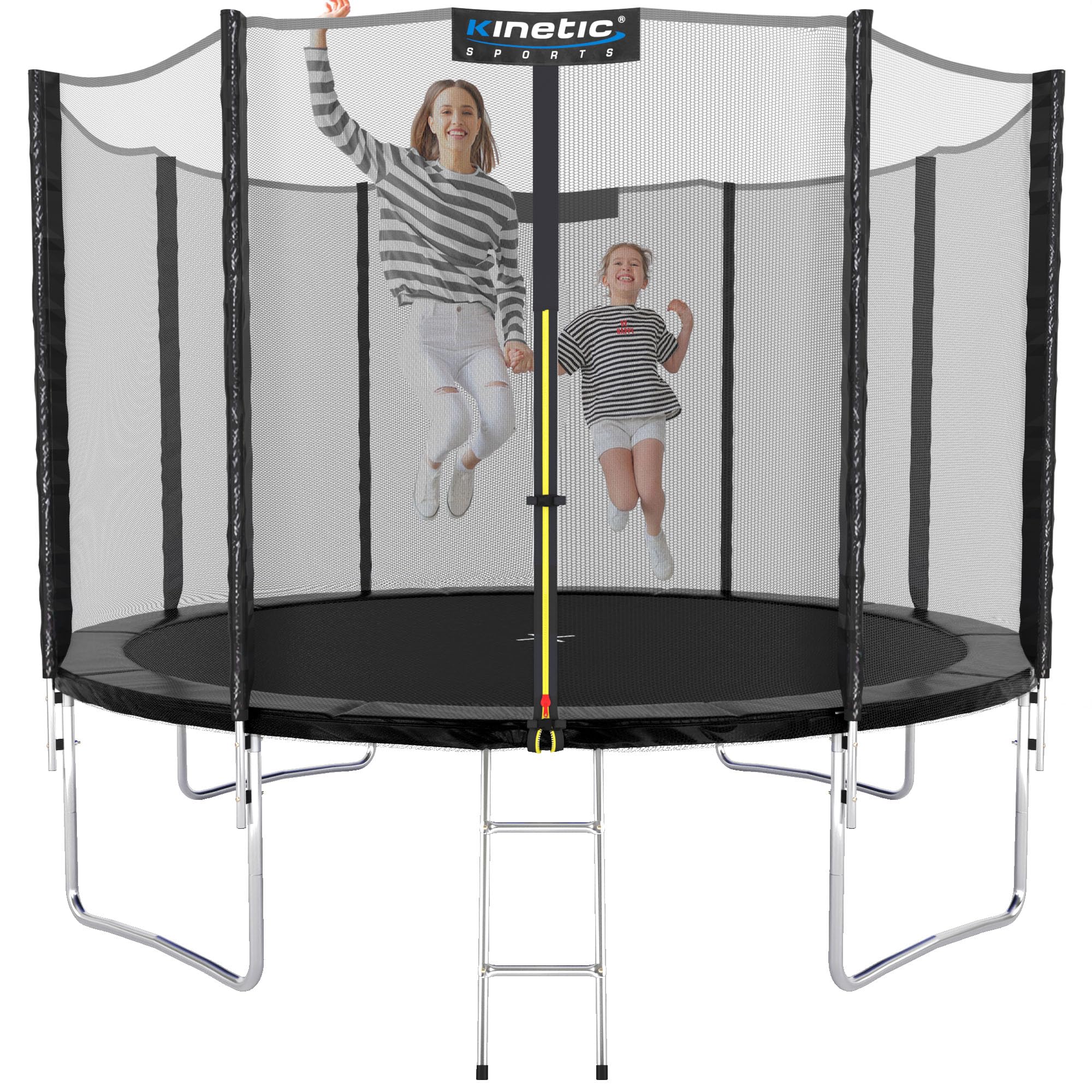 Kinetic Sports SALTO Gartentrampolin Outdoor – Ø 244 cm (auch 183/305/366/400/430/490 cm) mit Leiter, Sicherheitsnetz, Randpolster und USA-Sprungtuch