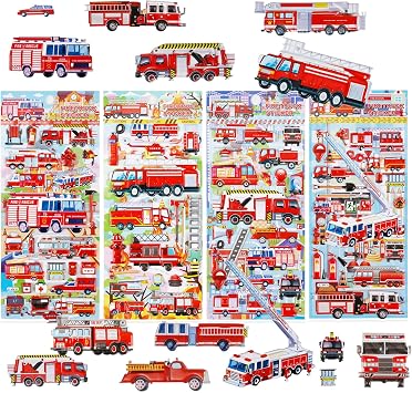 SHANGRLA 3D Puffy Fire Truck Stickers for Kids, Toddlers and Boys, 4 Pack