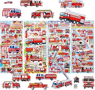 Fire Truck Stickers for Kids Toddlers,3D Puffy Fire Engine Sticker for Boys Girls, Including Firefighter Rescue and Fire Safety Equipment, Puffer Firetruck Emergency Vehicle Stickers 4 Pack.