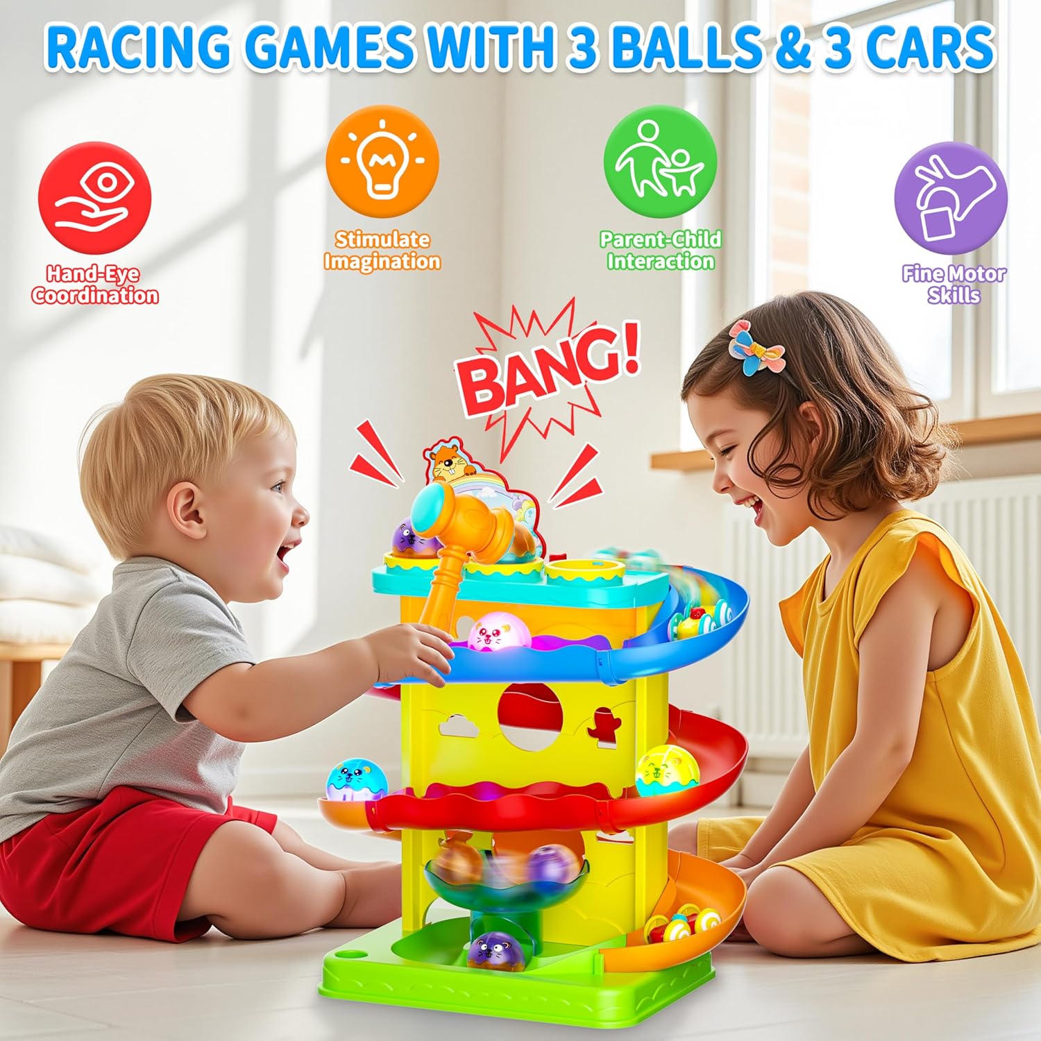 Funwee 2-in-1 Rolling Ball & Racing Car Ramp Toy for Toddlers, Race Track Hammer Lights Ball Drop, Interactive Montessori Learning Game Birthday Gift Idea for Kids 2 3 4 5+Year Old Girl Boy(Yellow)