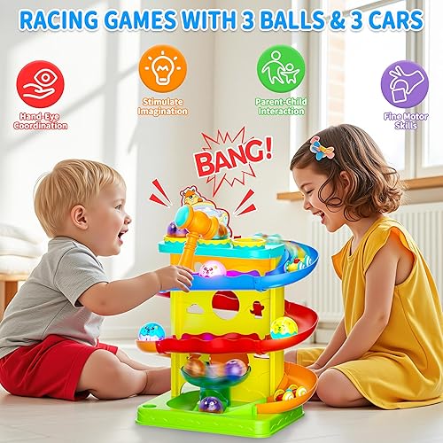 Miniatura 4 de Funwee Juguete 2 en 1 de bola rodante y rampa de coche de carreras para niños pequeños, luces de martillo de pista de carreras, juego interactivo de