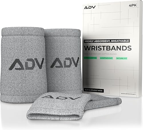 ADV - Pulseras de tenis de carbón de bambú, ultra absorbentes, bandas de sudor dobles y delgadas para muñecas, paquete de 4