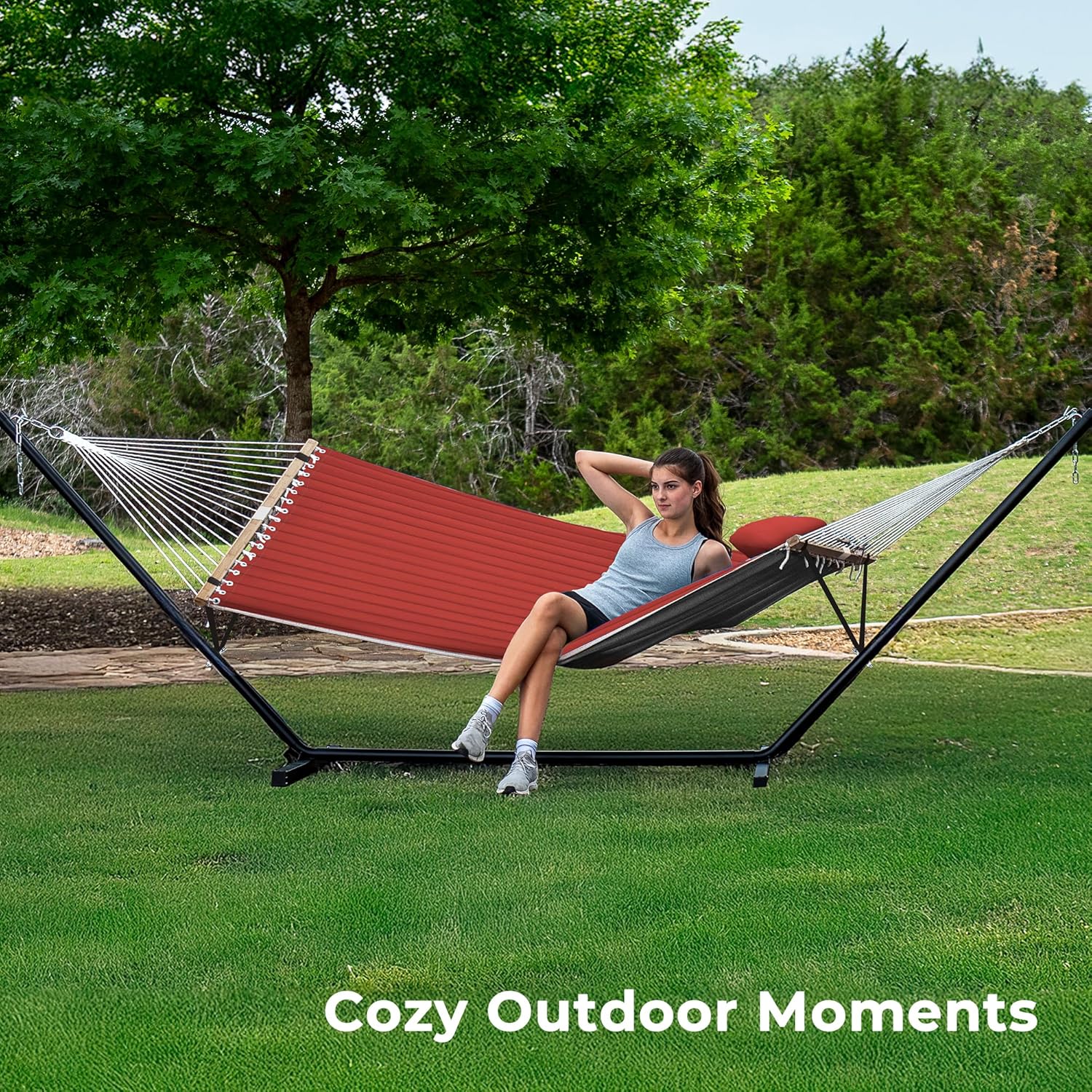 SUPERJARE Hammock with Stand, 2 Person Quilted Outdoor Hammock, Detachable Pillow & Bamboo Spreaders, Portable Hammock with Carrying Bag, Heavy Duty Stand, Perfect for Outside, Patio, Burgundy Burgundy 55.1"W × 74.8''D × 43.3''H