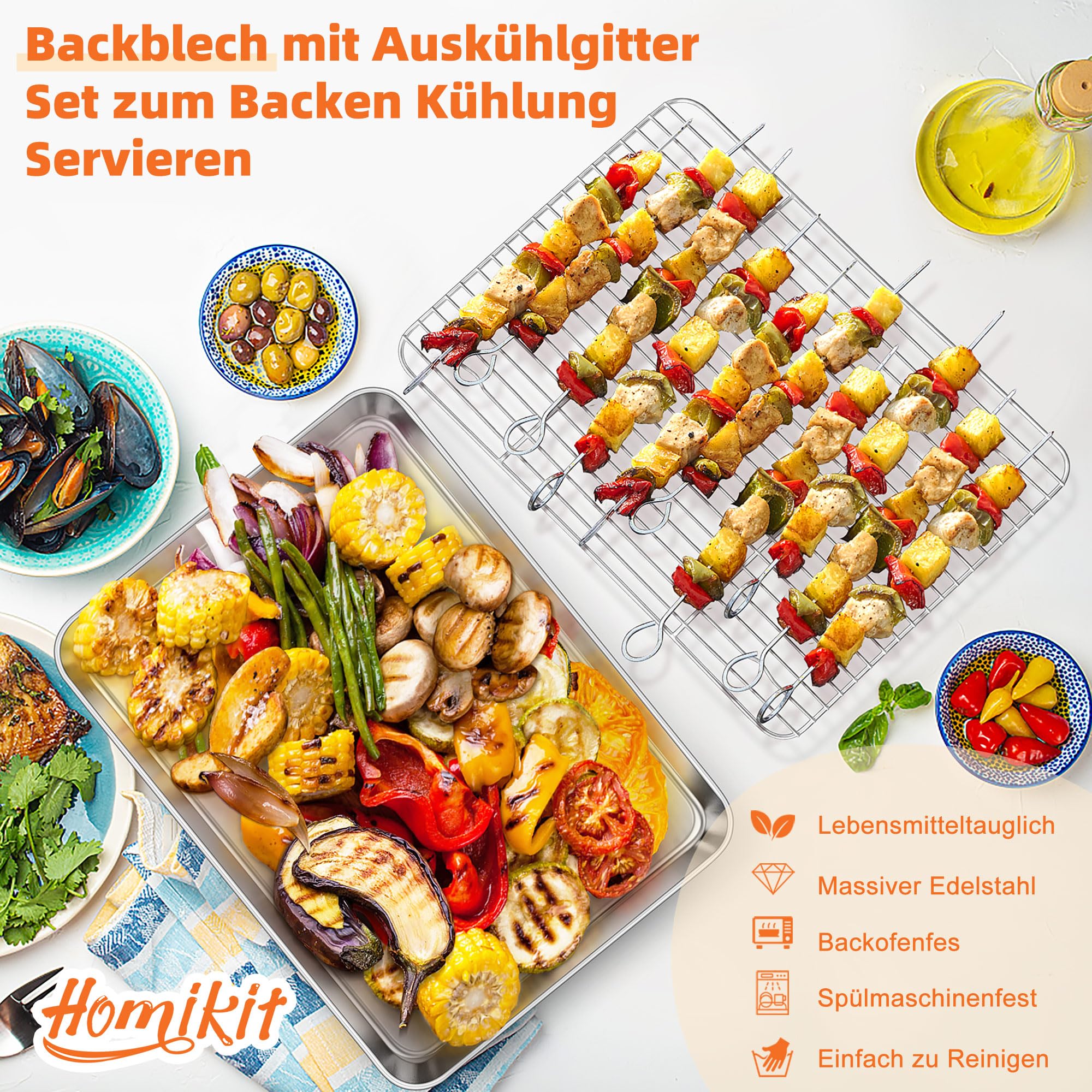 Homikit Teglia da forno in acciaio inox con griglia di raffreddamento, vassoio rettangolare con griglia di cottura, griglia per torte, 40,5 x 30,5 x 2,5 cm, lucidata lucida
