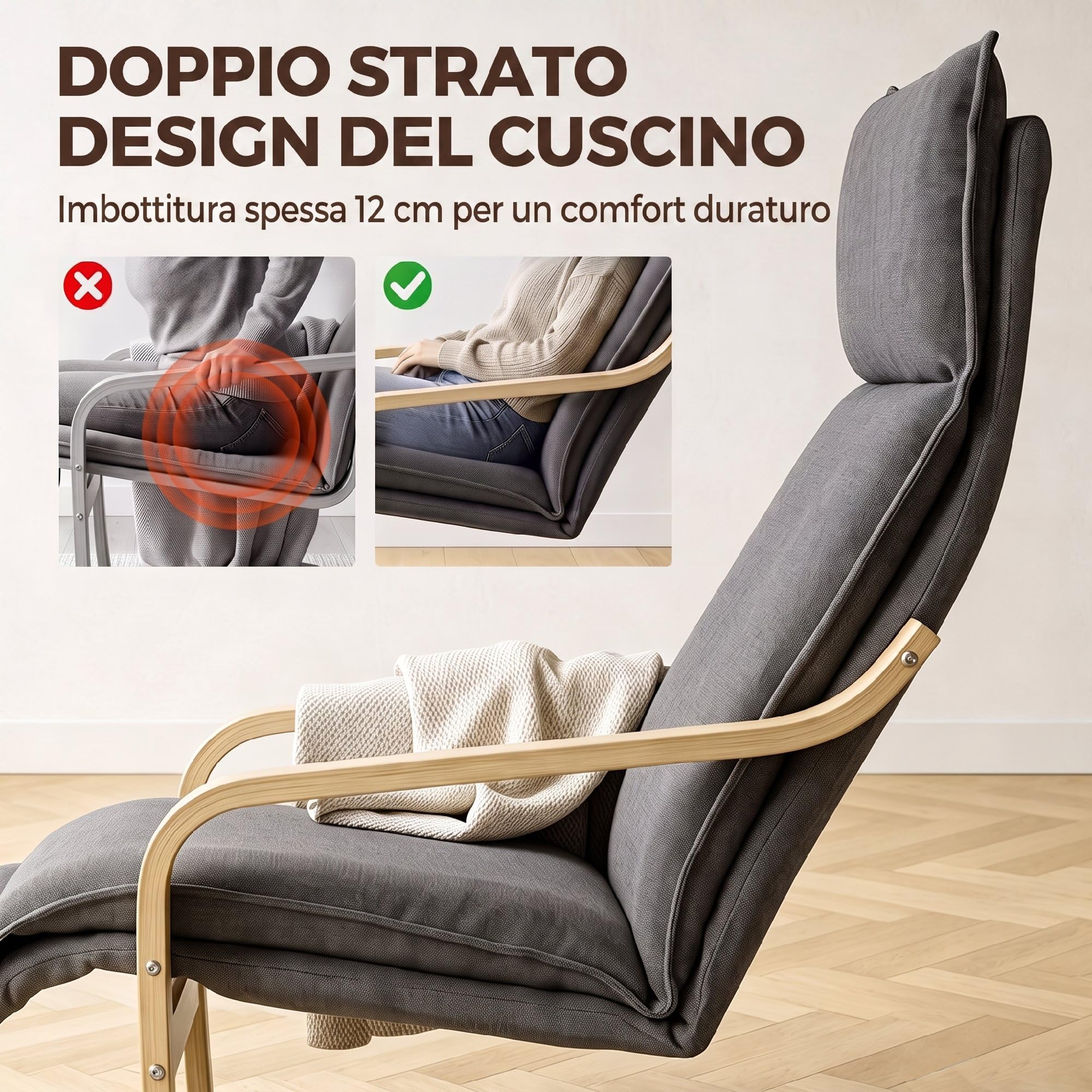 HOMCOM Poltrona Camera da Letto in Legno di Betulla con Poggiapiedi, Poltroncina Dondolo Ergonomica in Tessuto Effetto Lino, Seduta Imbottita, Braccioli Curvi, per Salotto e Soggiorno, Grigio Scuro